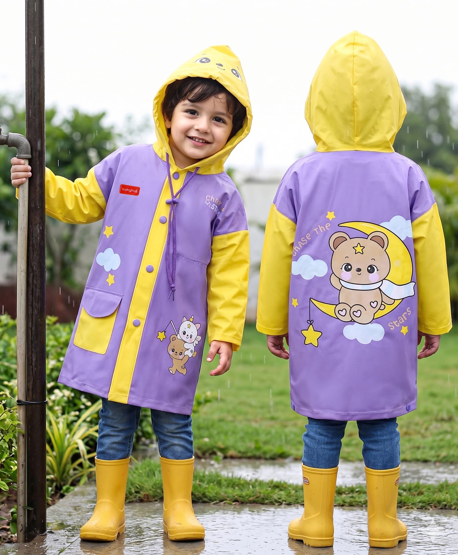 Babyhug Full Sleeves Below Knee Length Raincoat With Animal Print - Purple & Yellow-image-17