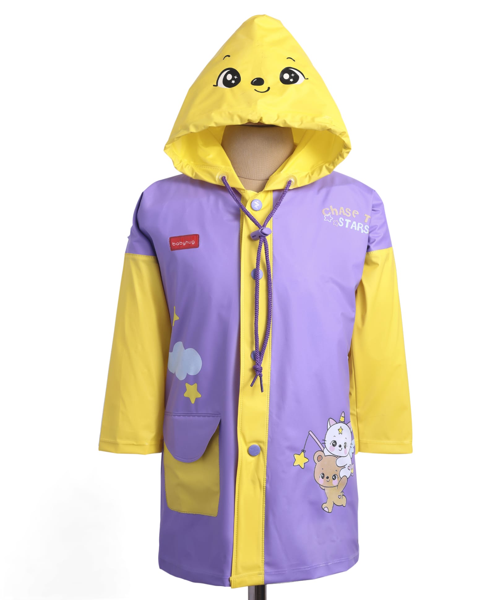 Babyhug Full Sleeves Below Knee Length Raincoat With Animal Print - Purple & Yellow