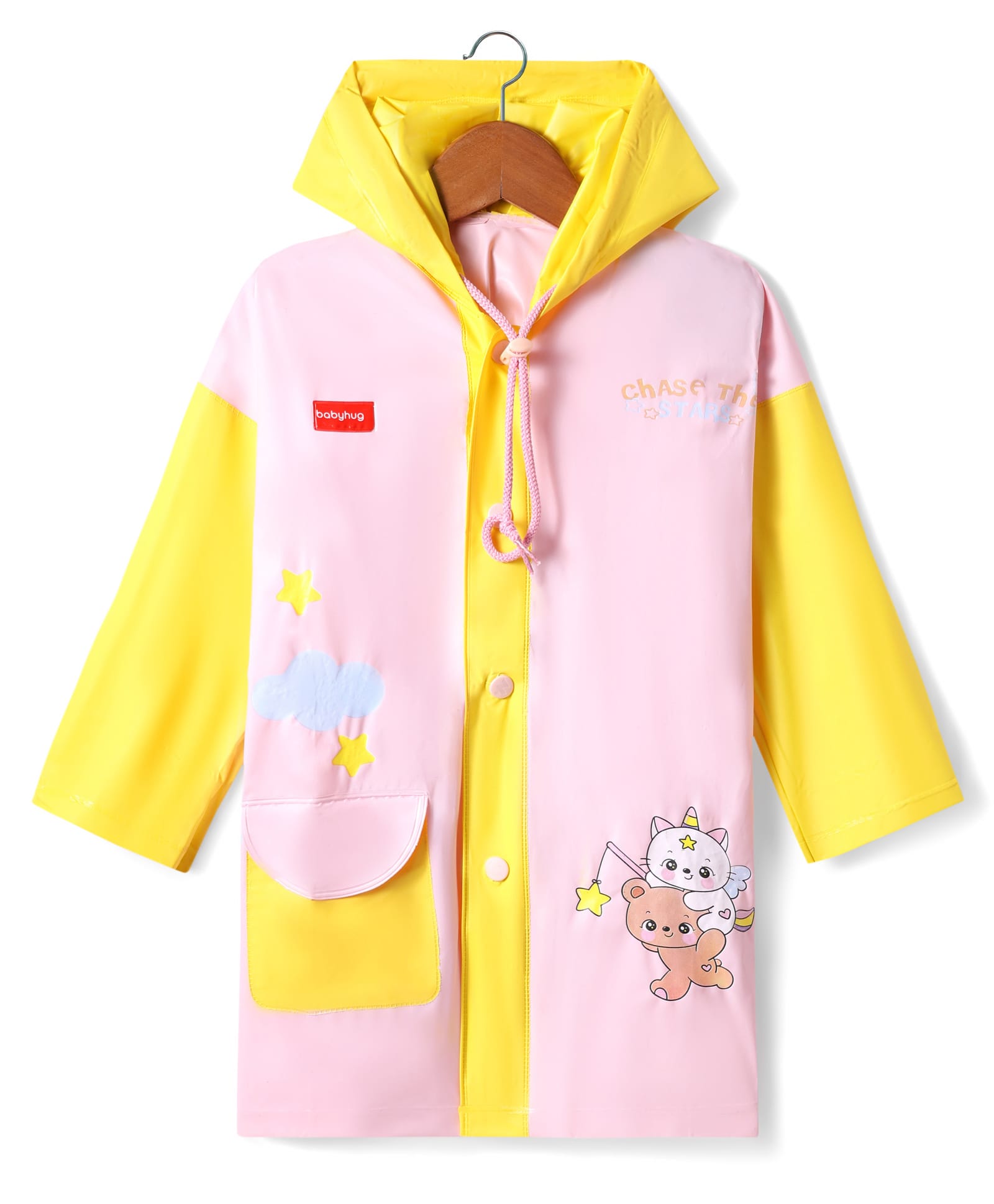 Babyhug Full Sleeves Below Knee Length Raincoat With Unicorn & Teddy Bear Print - Pink & Yellow