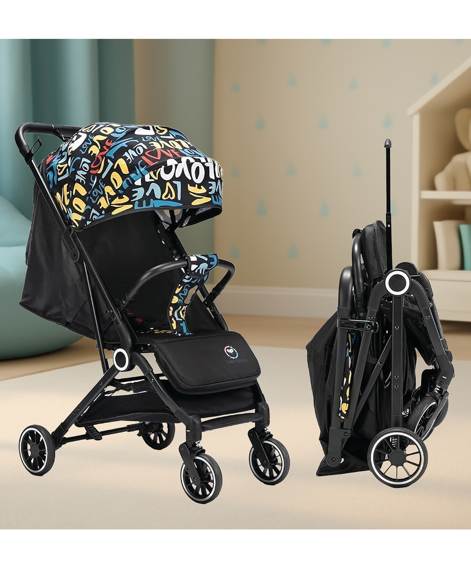 Tinyberg FeatherLite Light Weight Travel Stroller With Multi Position Recline, One Hand Folding, Safety Handle & Foldable Canopy - Rainbow Black-image-10