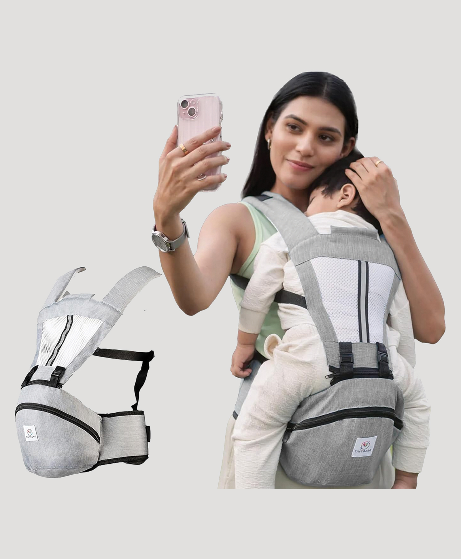 Tinyberg CuddleHipsy 4-in-1 Carrying Position Baby Carrier With Storage IErgonomic Hip Seat - Haze Grey-image-38