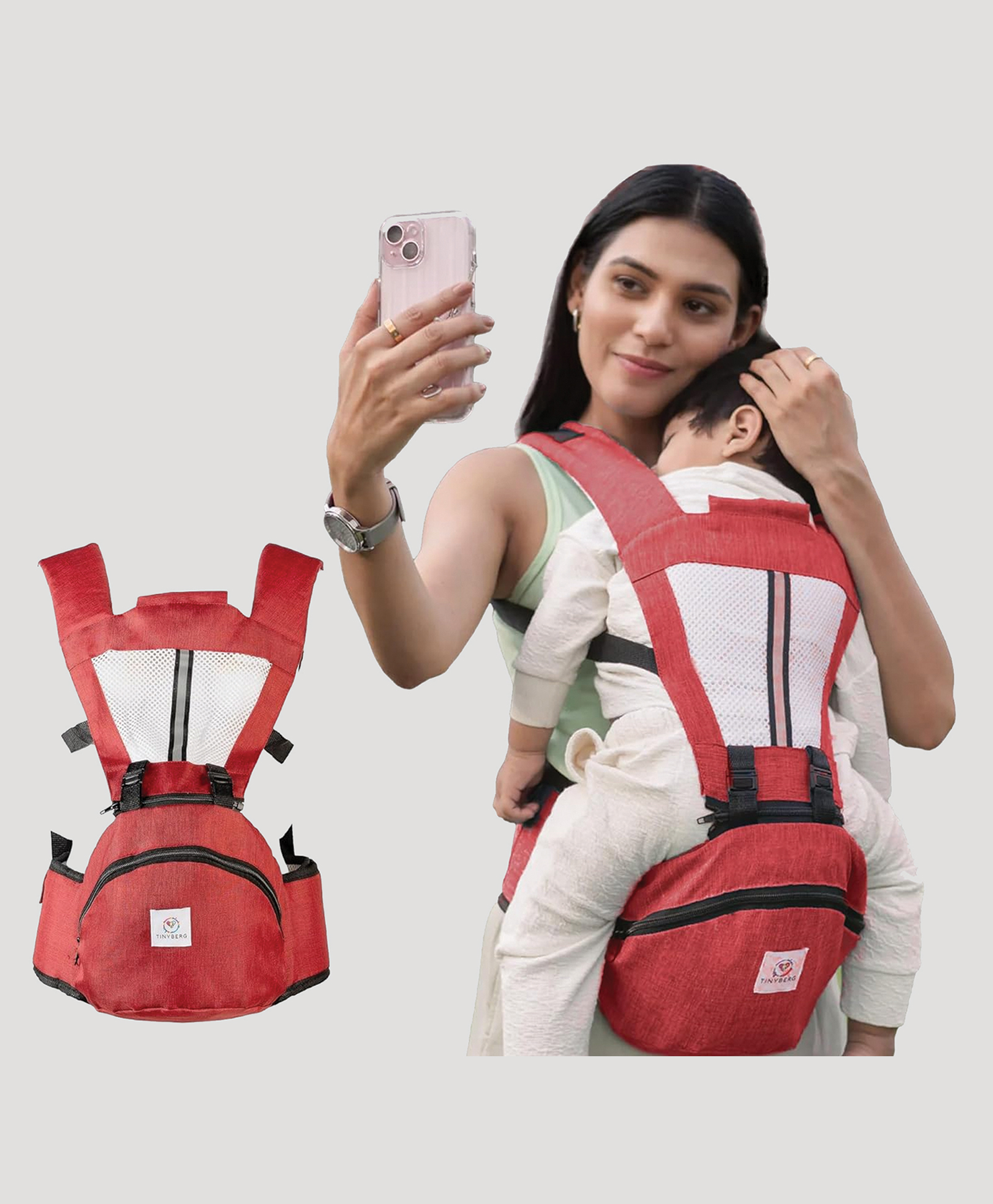 Tinyberg CuddleHipsy 4-in-1 Carrying Position Baby Carrier With Storage IErgonomic Hip Seat - Sunset Red-picture-23