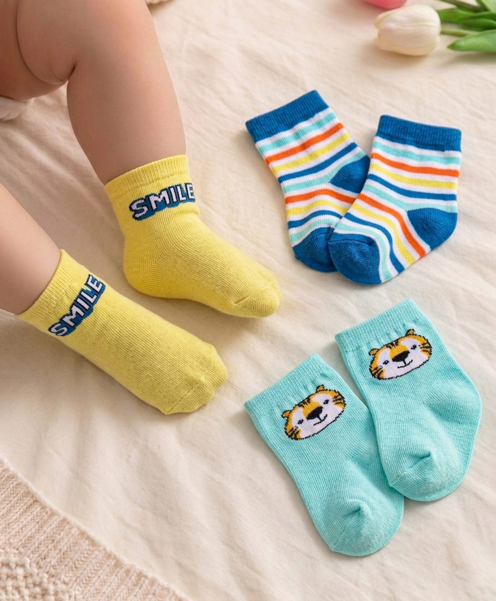 Cute Walk By Babyhug Knit Anti-Bacterial Ankle Length Socks With Text & Tiger Design Pack of 3 - Yellow & Blue-picture-26