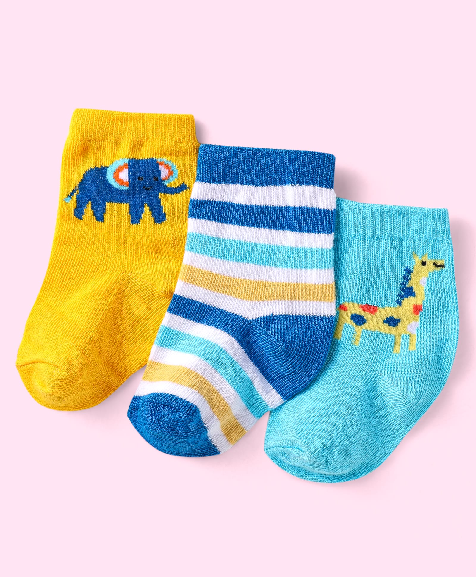 Cute Walk By Babyhug Anti-Bacterial Ankle Length Socks With Animal Design Pack of 3 - Yellow & Blue-picture-24