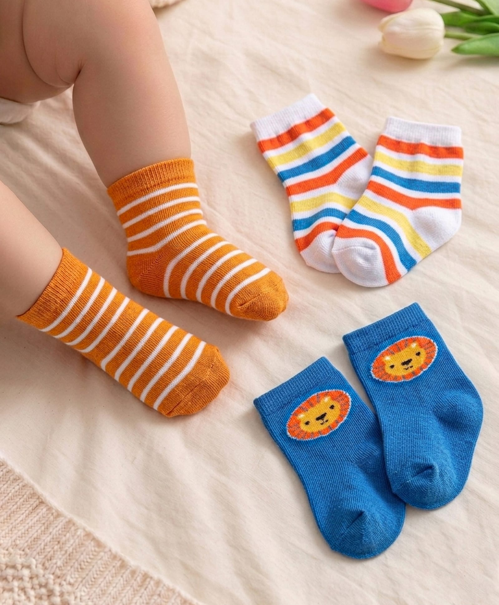 Cute Walk by Babyhug Knit Ankle Length Antibacterial Socks with Lion Floral Design & Stripes Pack of 3 - Blue White & Orange-picture-41