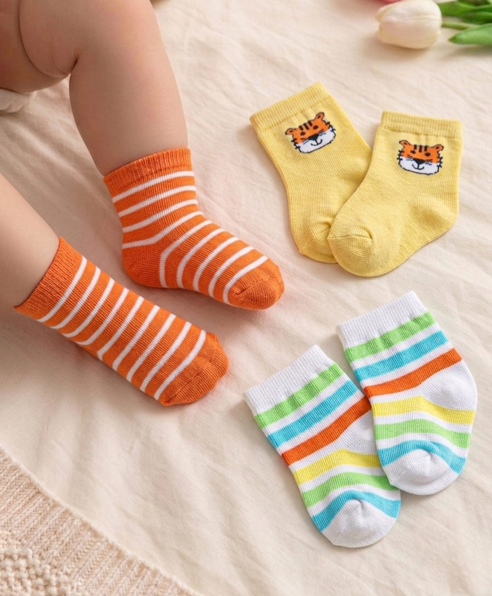 Cute Walk by Babyhug Antibacterial Ankle Length Socks With Striped & Tiger Print - Orange White & Yellow-image-34