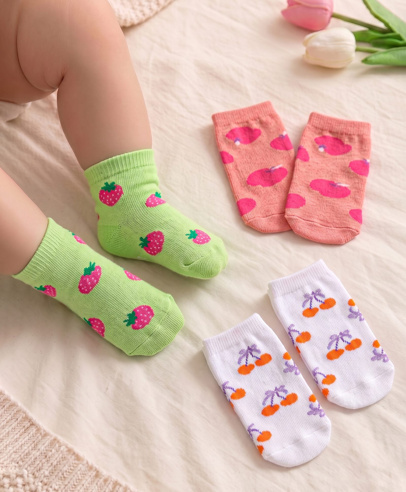 Cute Walk by Babyhug Knit Ankle Length Antibacterial Socks with Fruits Design Pack of 3 - Light Green Coral & White-image-36