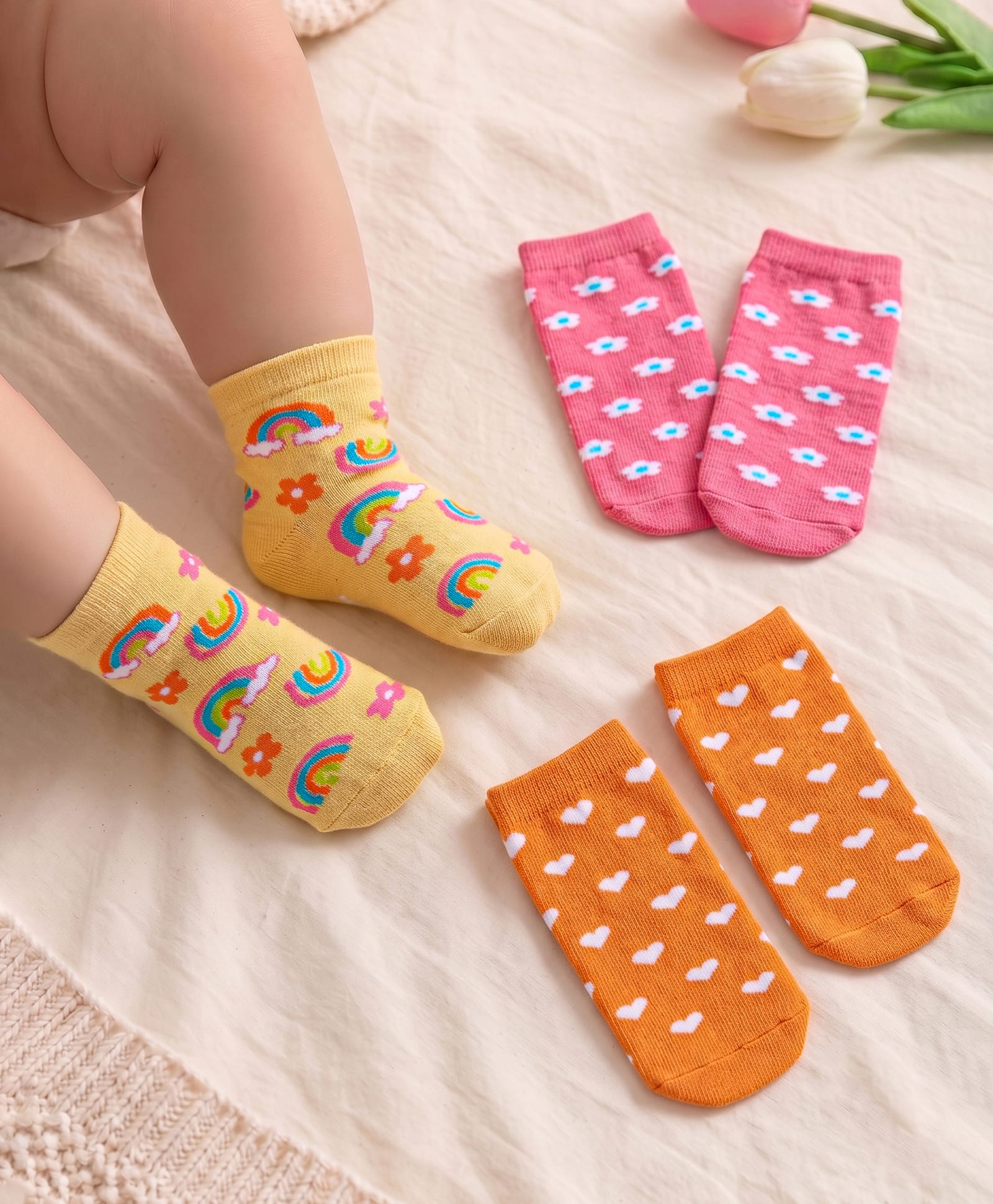 Cute Walk By Babyhug Anti- Bacterial Ankle Length Socks With Floral & Heart Design Pack of 3 - Dark Pink Orange & Yellow-image-23