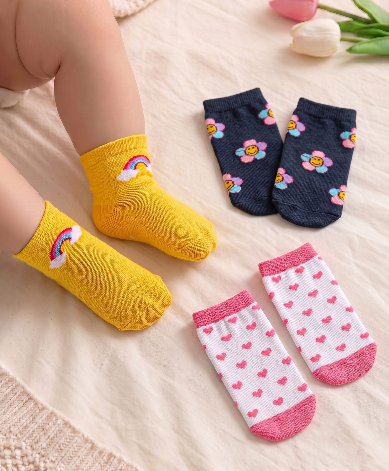 Cute Walk by Babyhug Knit Ankle Length Antibacterial Socks with Floral Rainbow & Hearts Design Pack of 3 - Black Yellow & White-image-3