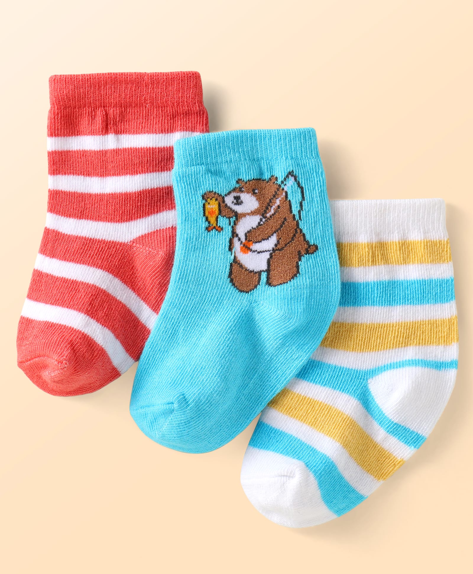 Cute Walk by Babyhug Knit Ankle Length Antibacterial Socks with Stripes & Bear Design Pack of 3 - White Blue & Red-picture-12