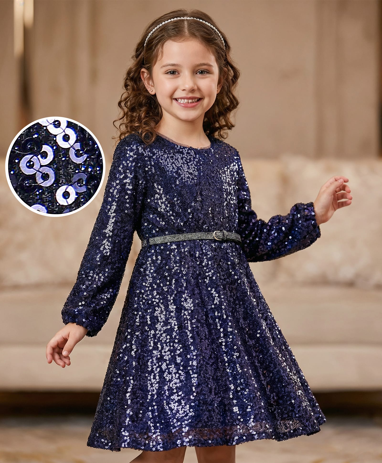 Hola Bonita Knit Party Wear FullSleeve Knee Length Glitter with Sequin Dress - Navy Blue-image-49