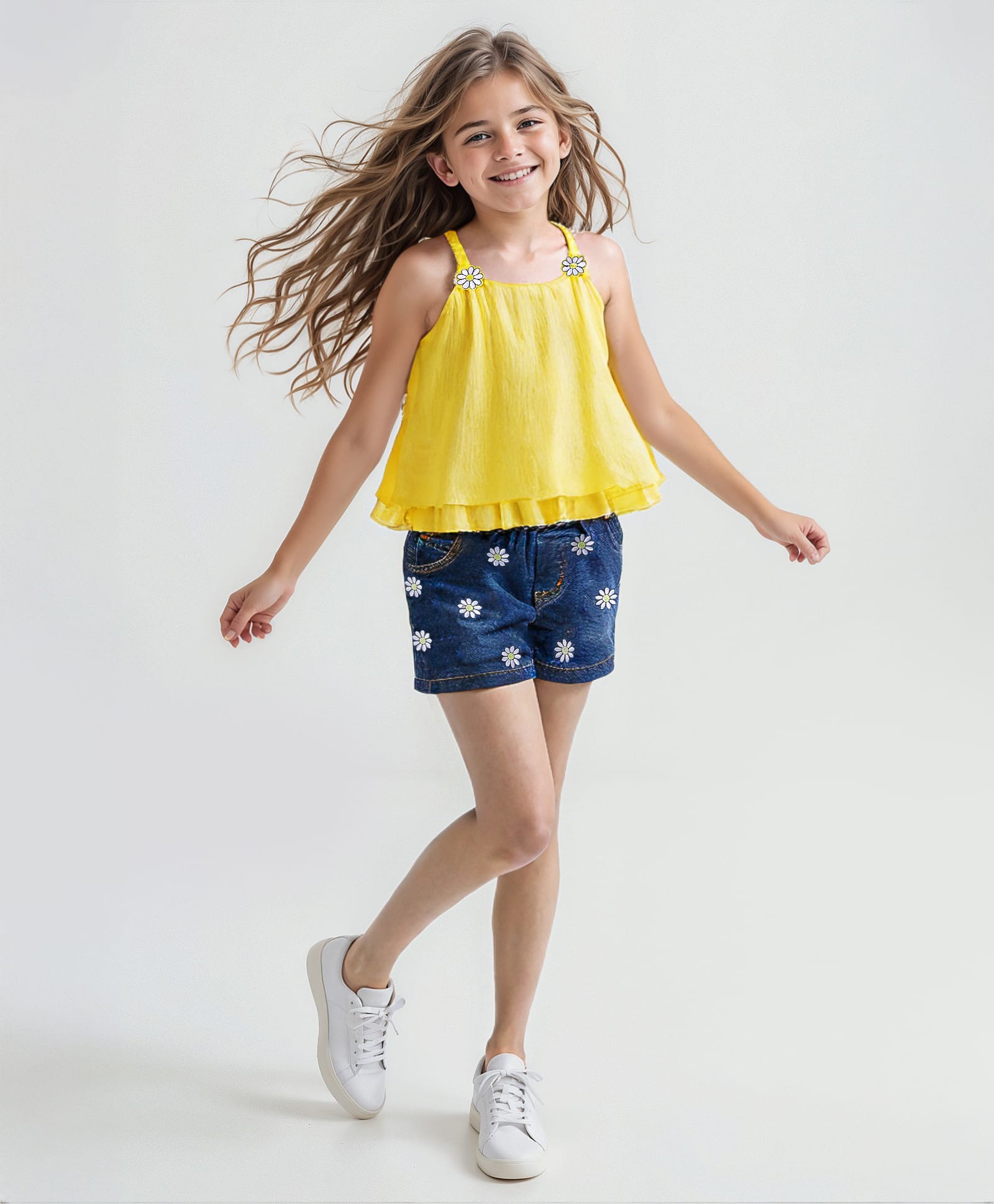 Ollington St. Georgette Sleeveless Top & Stretchable Denim Shorts With Floral Embroidery - Yellow & Indigo-picture-12