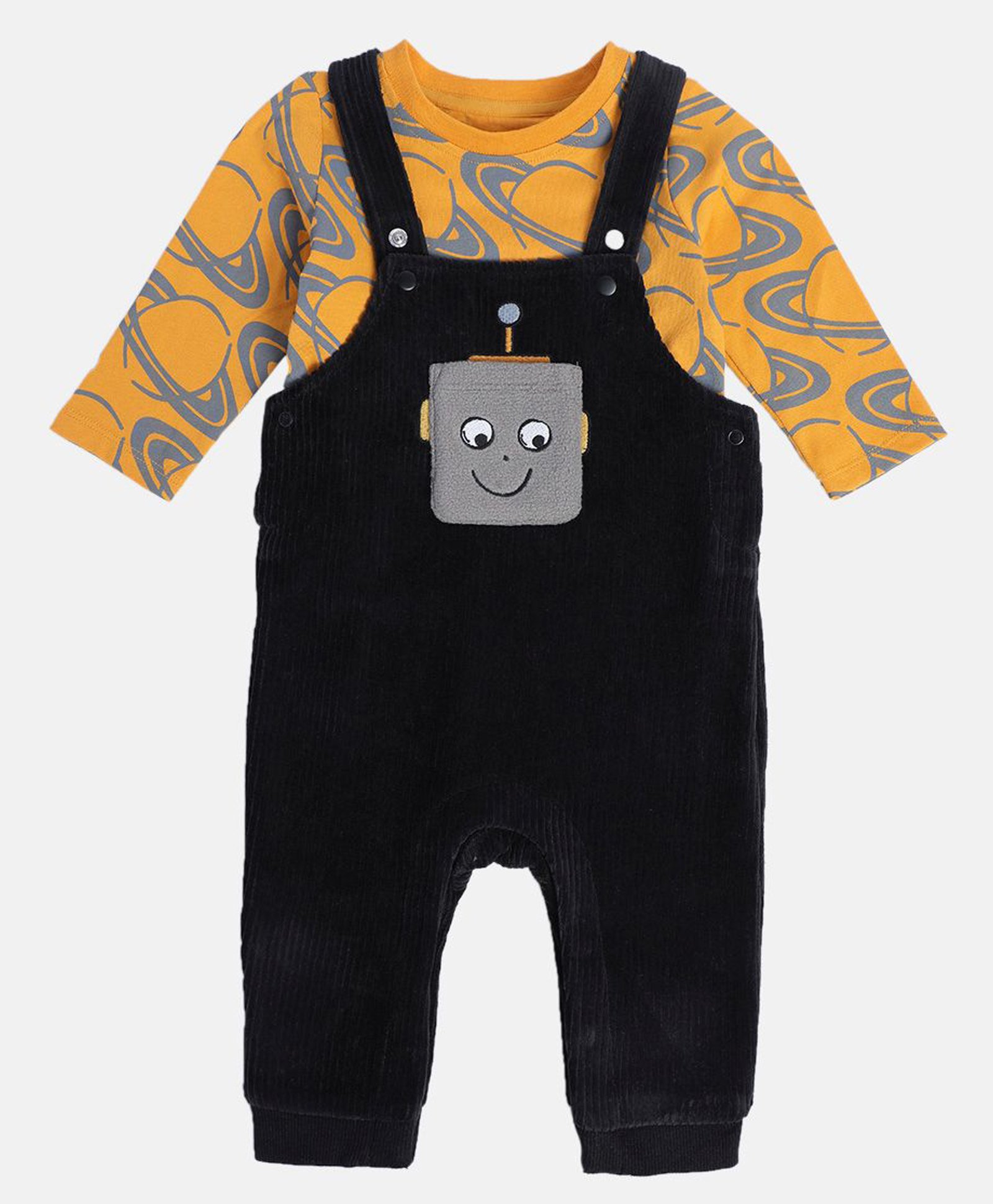 MINI KLUB Cotton Robot Designed Dungaree With Full Sleeves Saturn Printed Tee Set - Black-picture-22