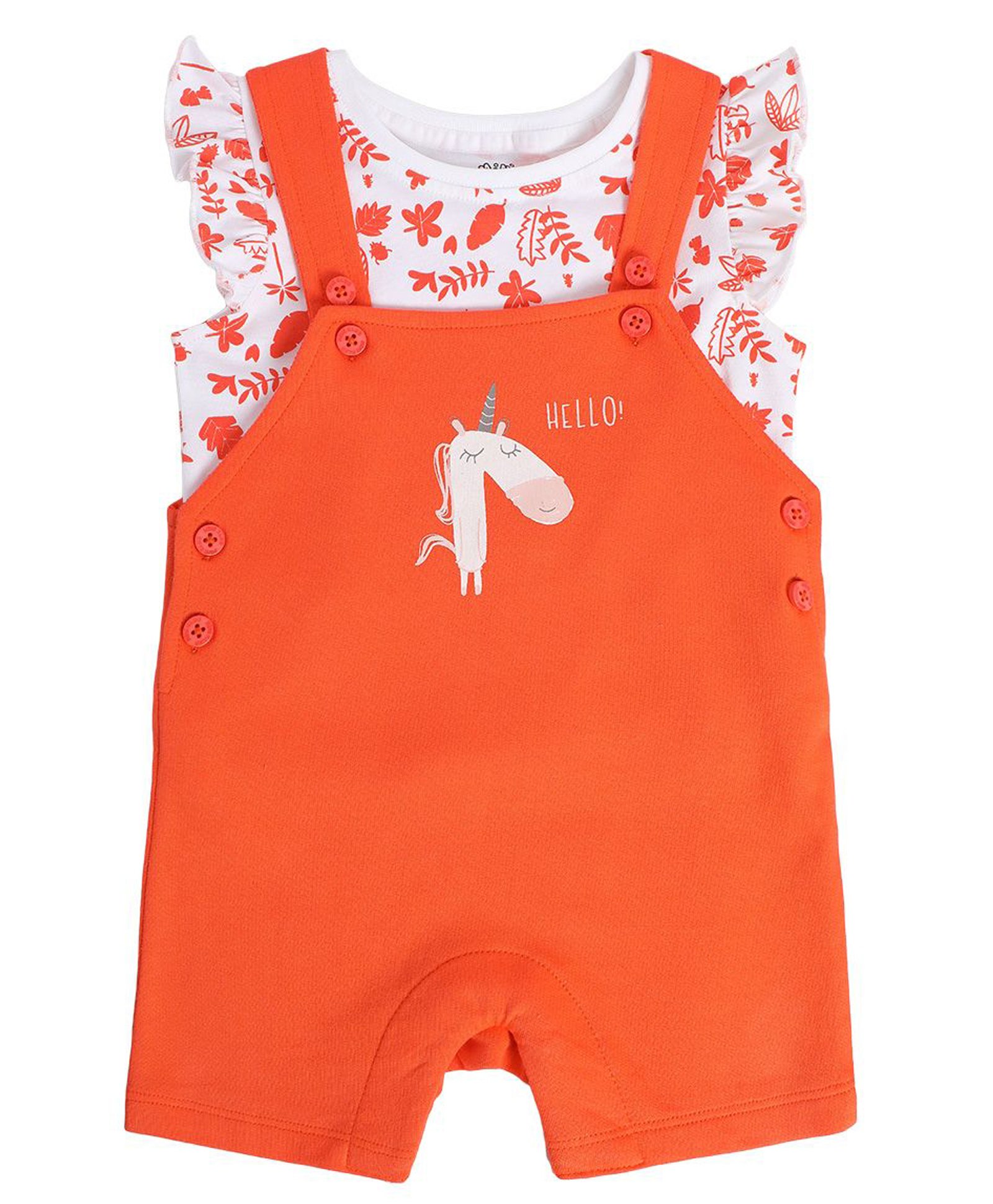 MINI KLUB Cotton Cap Sleeves Dinosaur Printed Dungaree & Top Set - White & Orange-picture-10