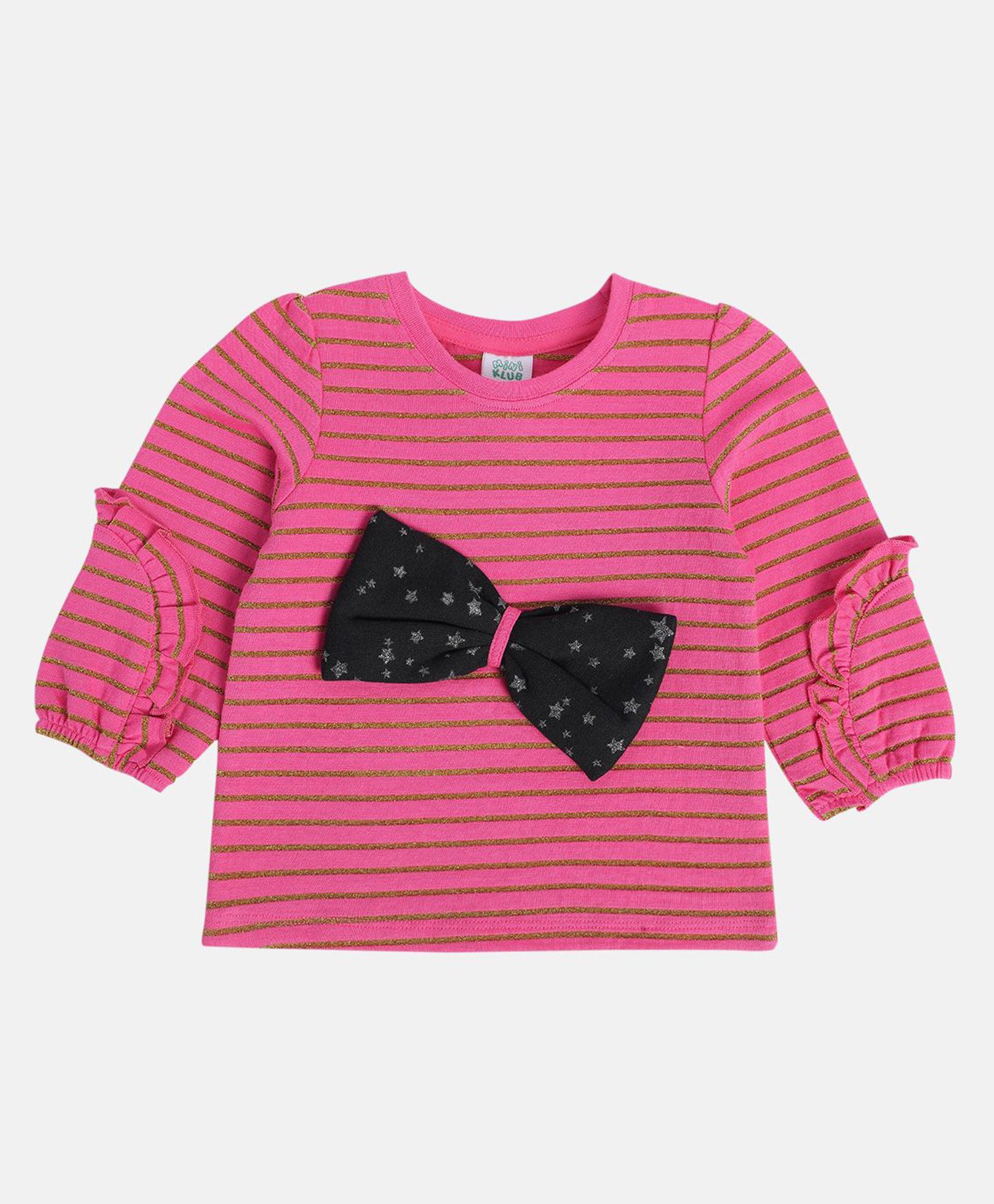 MINI KLUB Cotton Full Puffed Sleeves Striped Bow Embellished Top - Hot Pink-picture-17