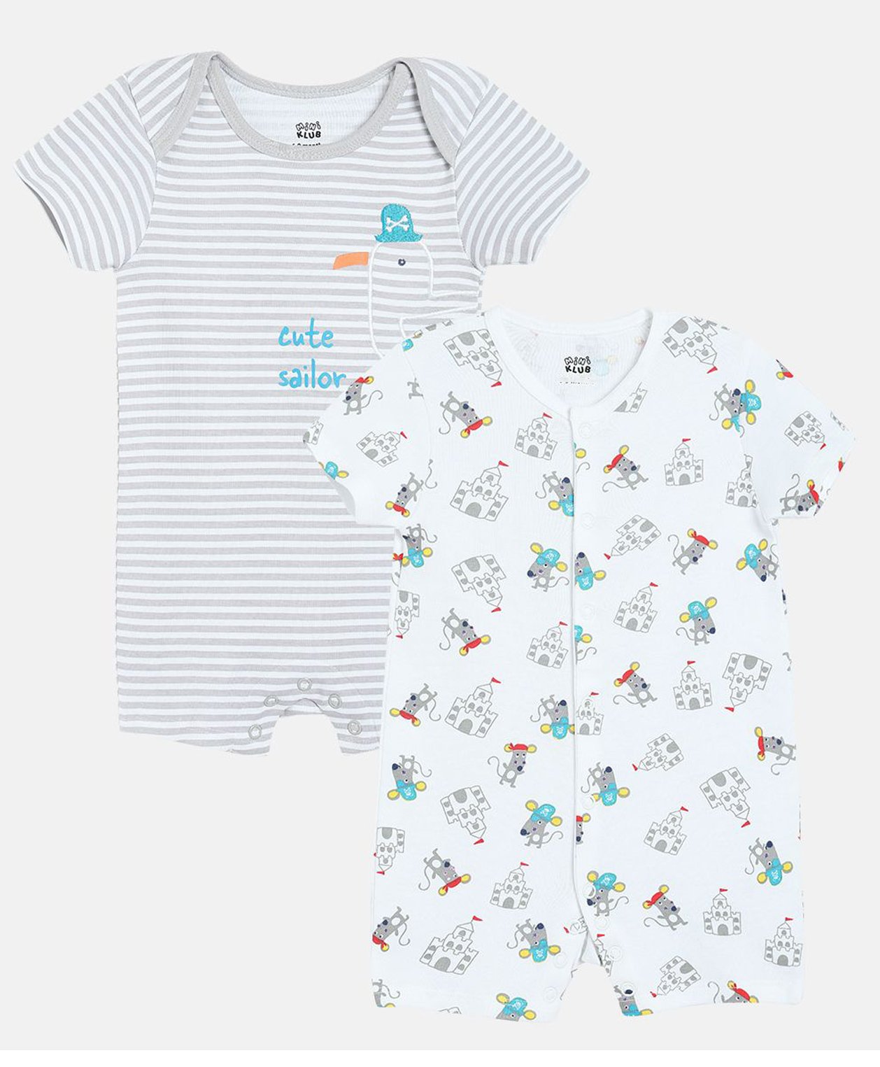 MINI KLUB Cotton Pack Of 2 Half Sleeves Palace & Sailor Text Printed Rompers - White & Blue-picture-20