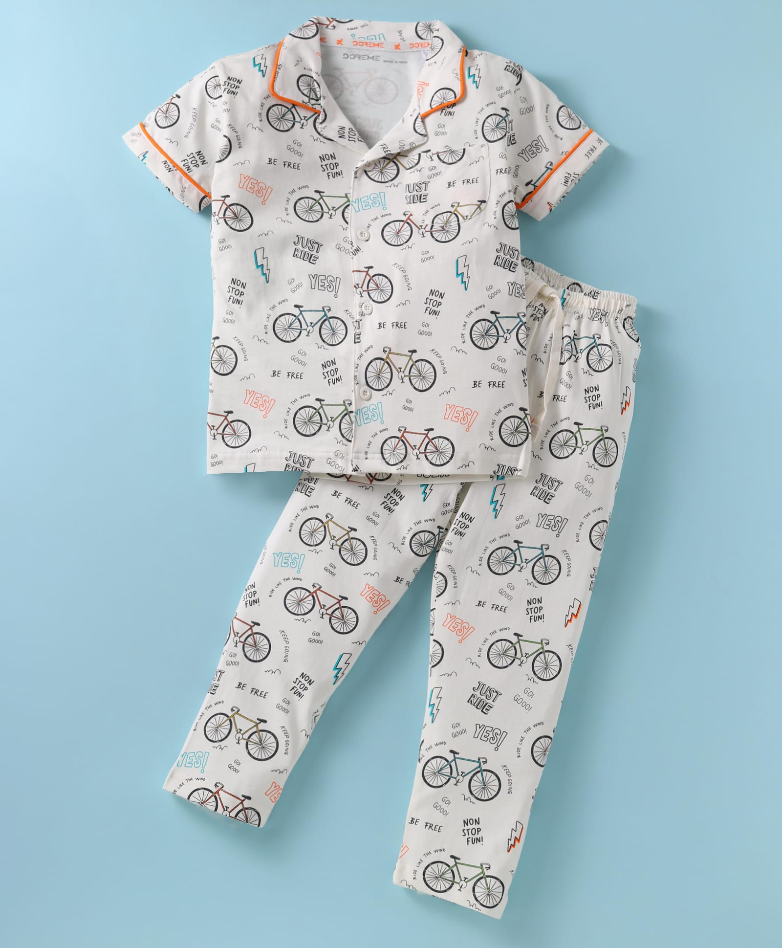 Doreme Single Jersey Knit Half Sleeves Night Suit With Bicycle Print - Off White-image-49