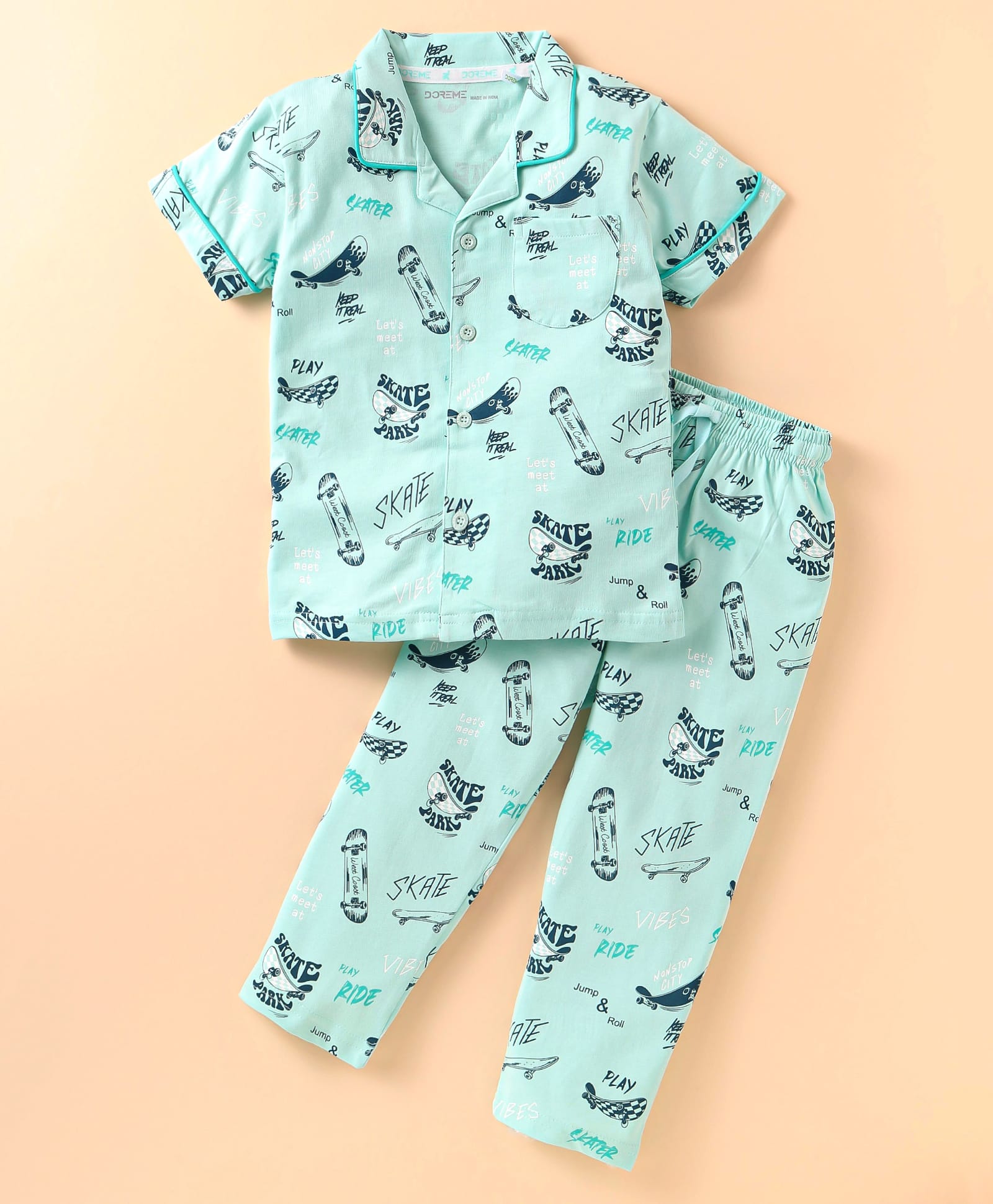 Doreme Single Jersey Knit Half Sleeves Night Suit With Skateboard Print - Sea Green-image-42