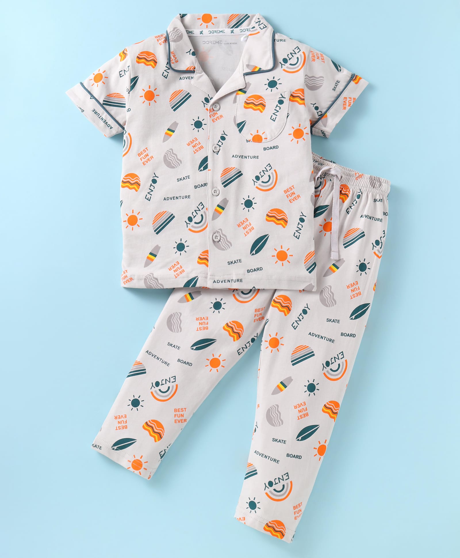 Doreme Single Jersey Knit Full Sleeves Beach Theme Printed Night Suit - Ivory-image-19