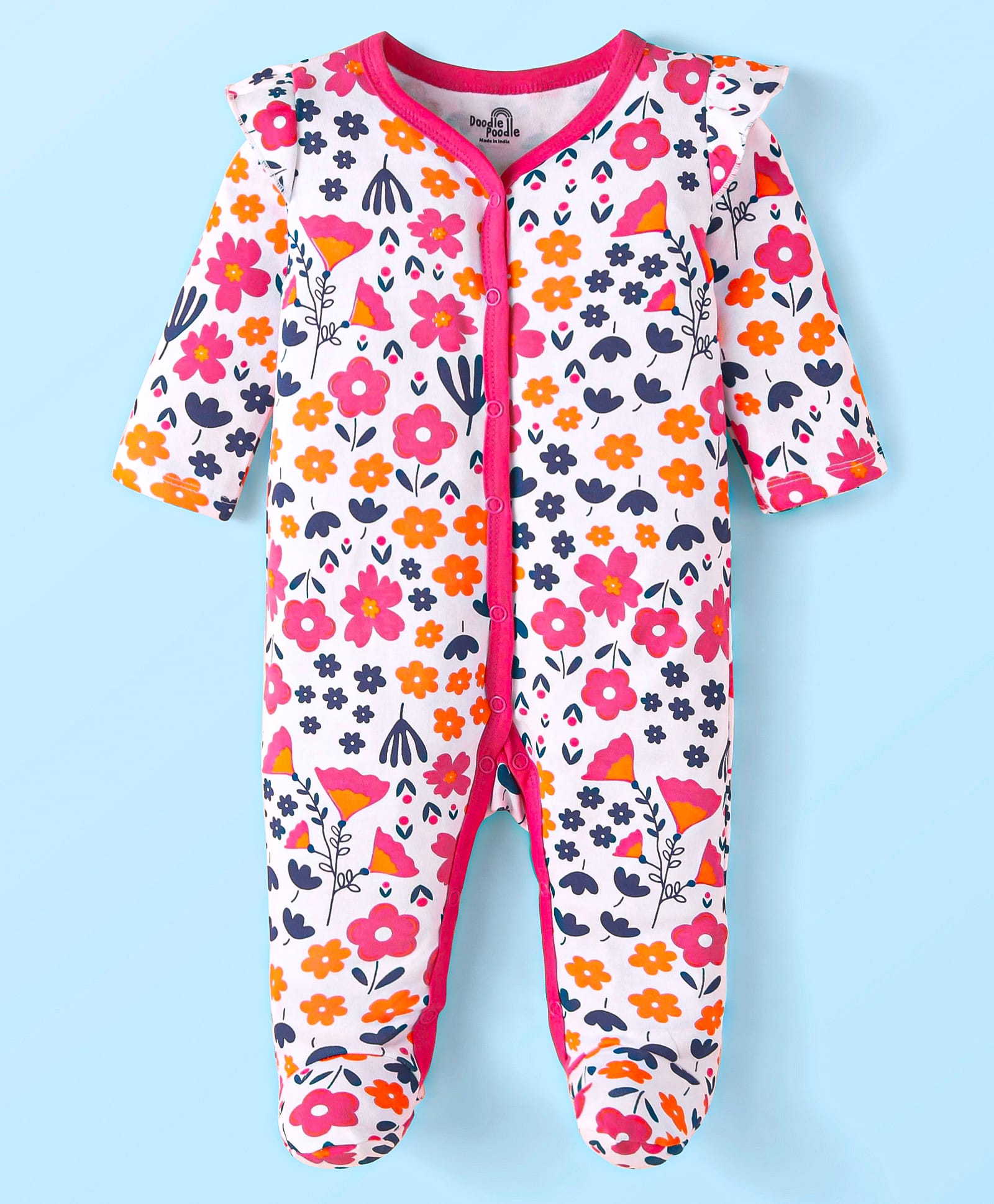 Doodle Poodle Interlock Knit Full Sleeves Footed Sleep Suit with Floral Print - White & Pink-picture-32