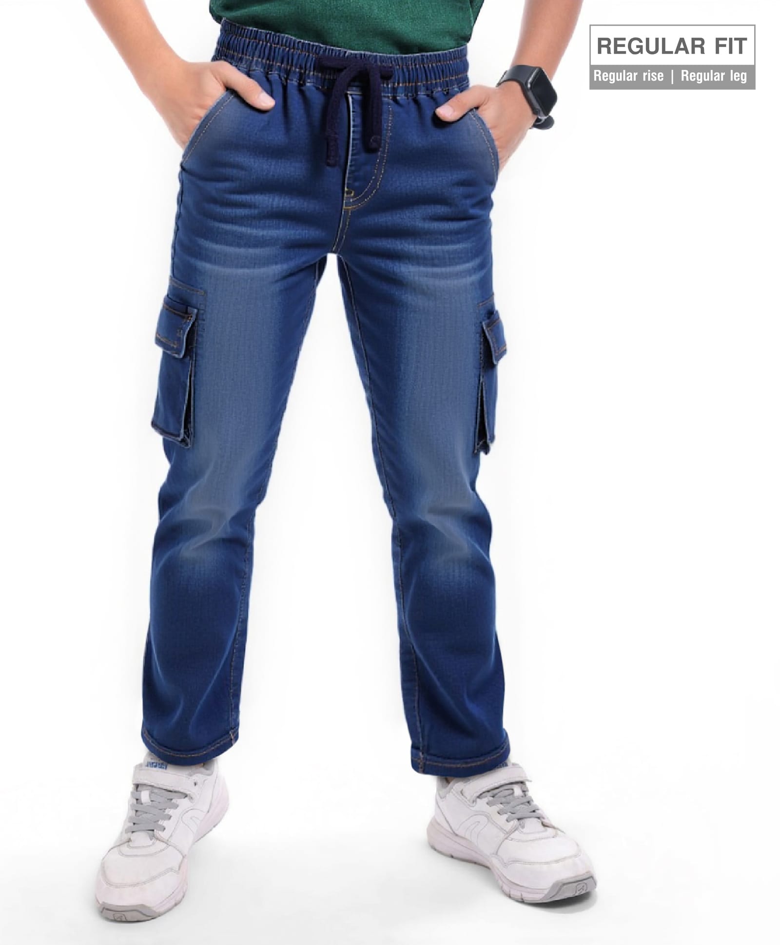 Pine Kids Denim Full Length Washed Jeans with Pockets - Blue-image-2