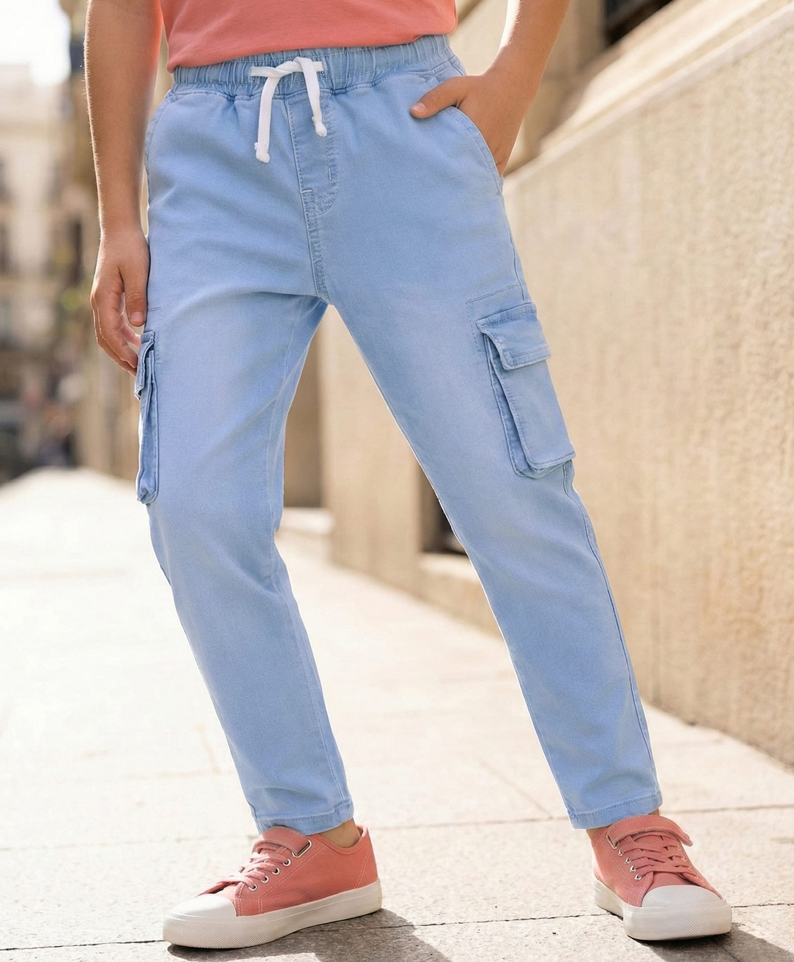 Pine Kids Denim Full Length Washed Jeans with Pockets - Light Blue-image-5
