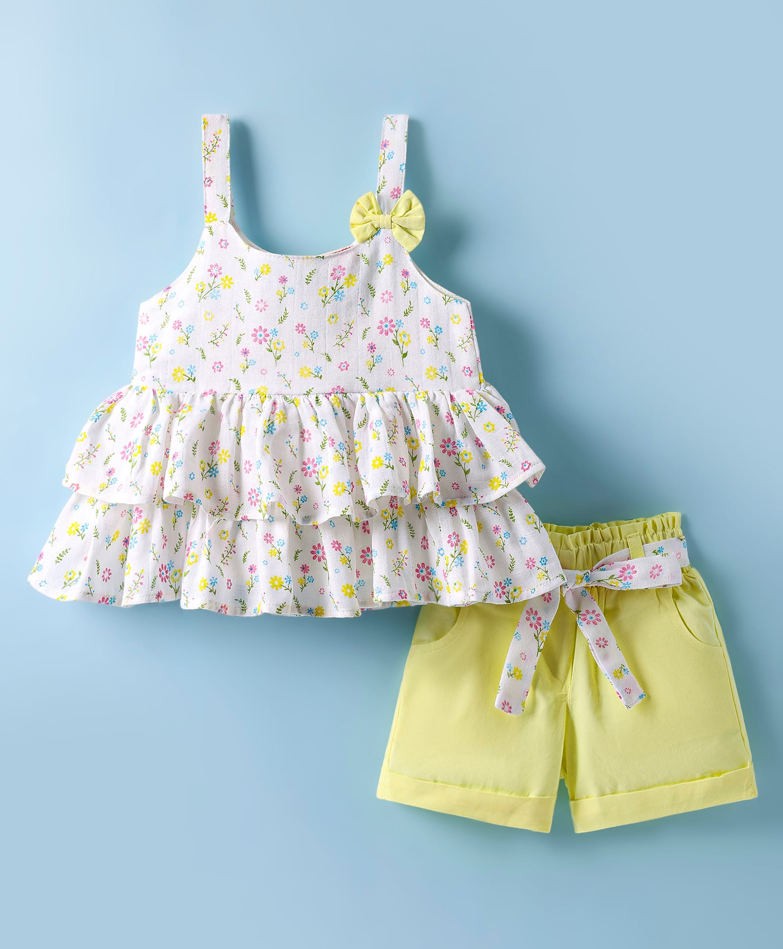 Tweetoons Cotton Woven Sleeveless Top & Shorts Set With Floral Print & Bow Applique - White & Yellow-image-44