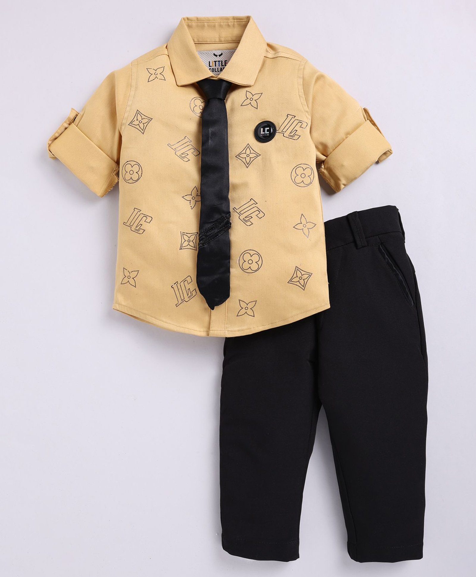 LITTLE COLLARS Cotton Full Sleeves Floral Foil Printed Shirt & Pant With Tie Set - Gold-picture-12