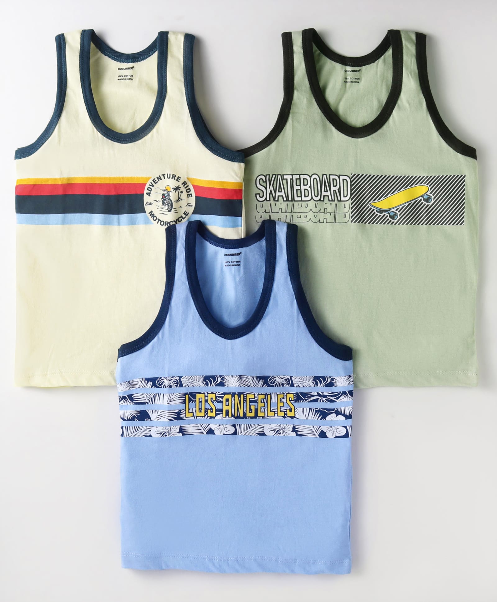 CUCUMBER Sinker Knit Sleeveless Vests with Beach Theme Print Pack of 3 - Blue Olive Green & Cream-image-27