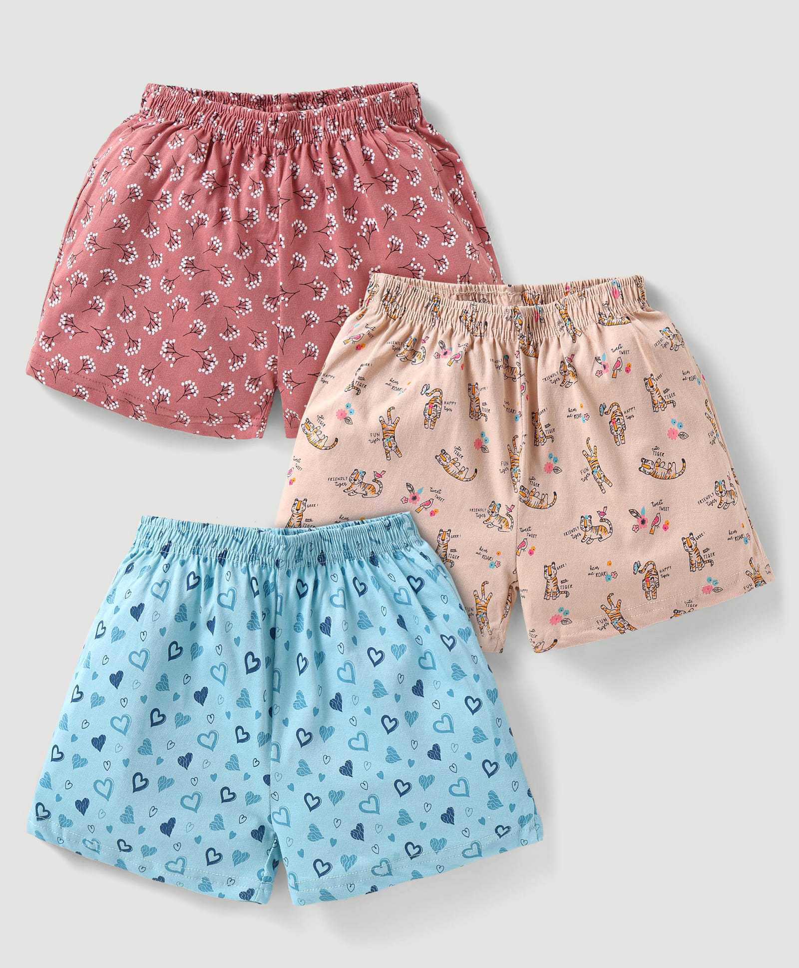 CUCUMBER Sinker Knit Above Knee Length Shorts With Animal & Heart Print Pack of 3 - Pink Peach & Blue-picture-29