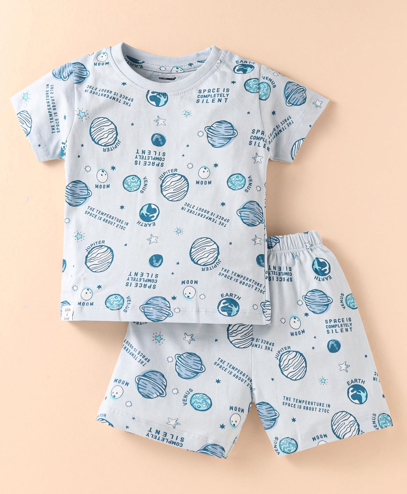CUCUMBER Sinker Knit Half Sleeves Shorts Night Suit With Space ThemePrint - Light Blue-picture-25