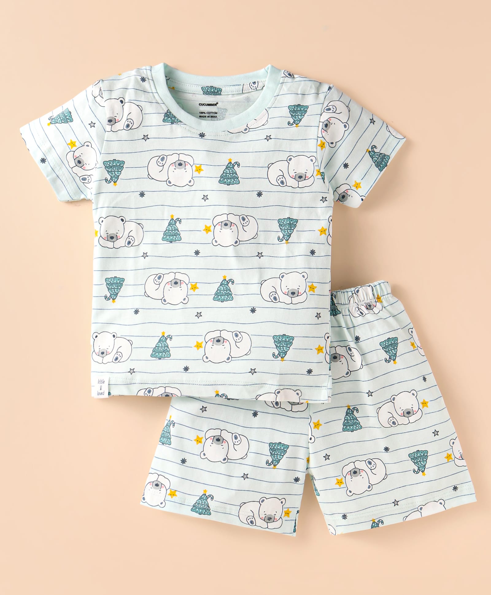 CUCUMBER Sinker Knit Half Sleeves Shorts Night Suit With Bear Print - Light Blue-image-24