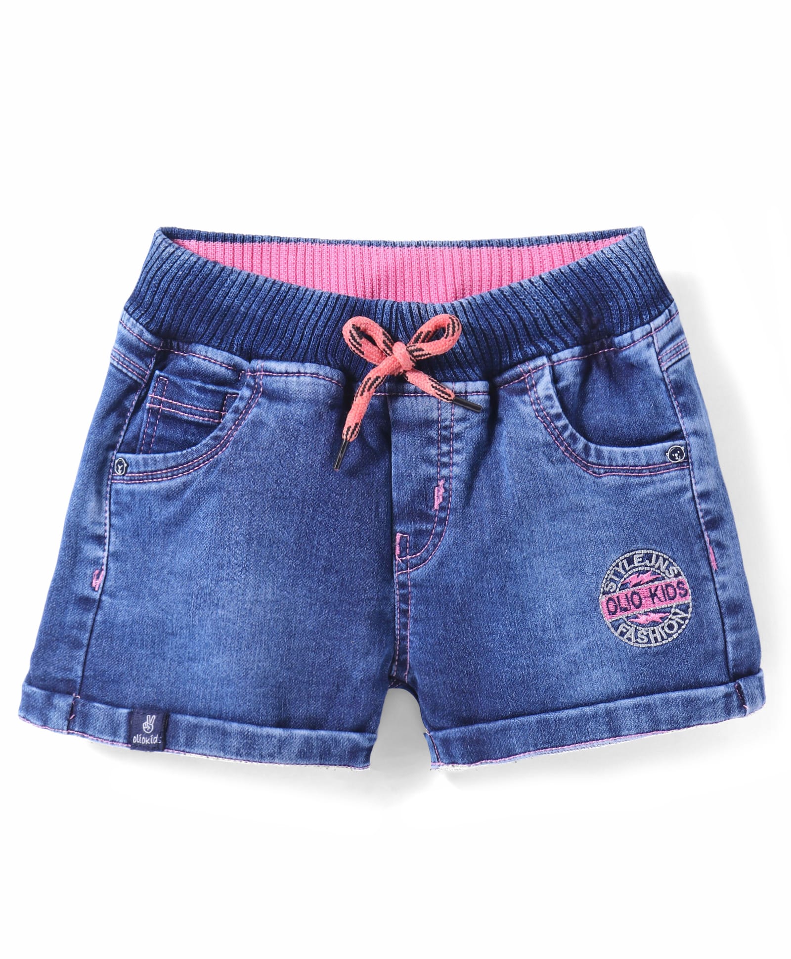 Olio Kids Above Knee Length Washed Denim Shorts with Brand Logo Embroidery - Blue-image-34