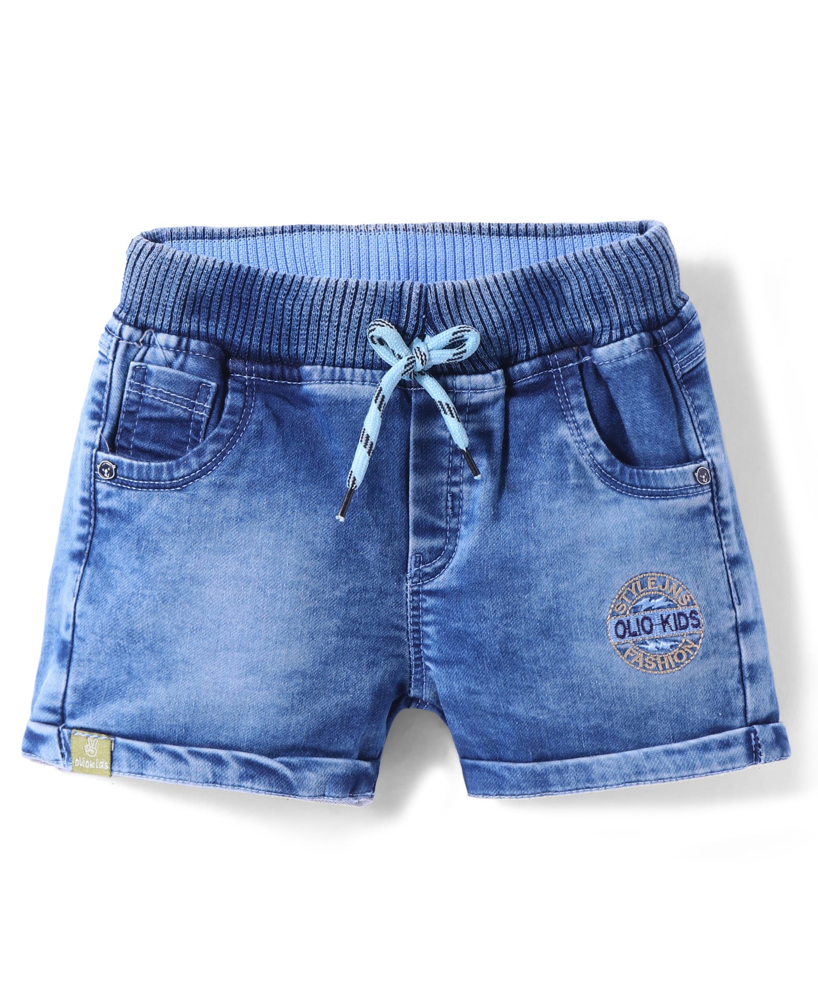 olio kids above knee length washed denim shorts with brand logo embroidery - light blue