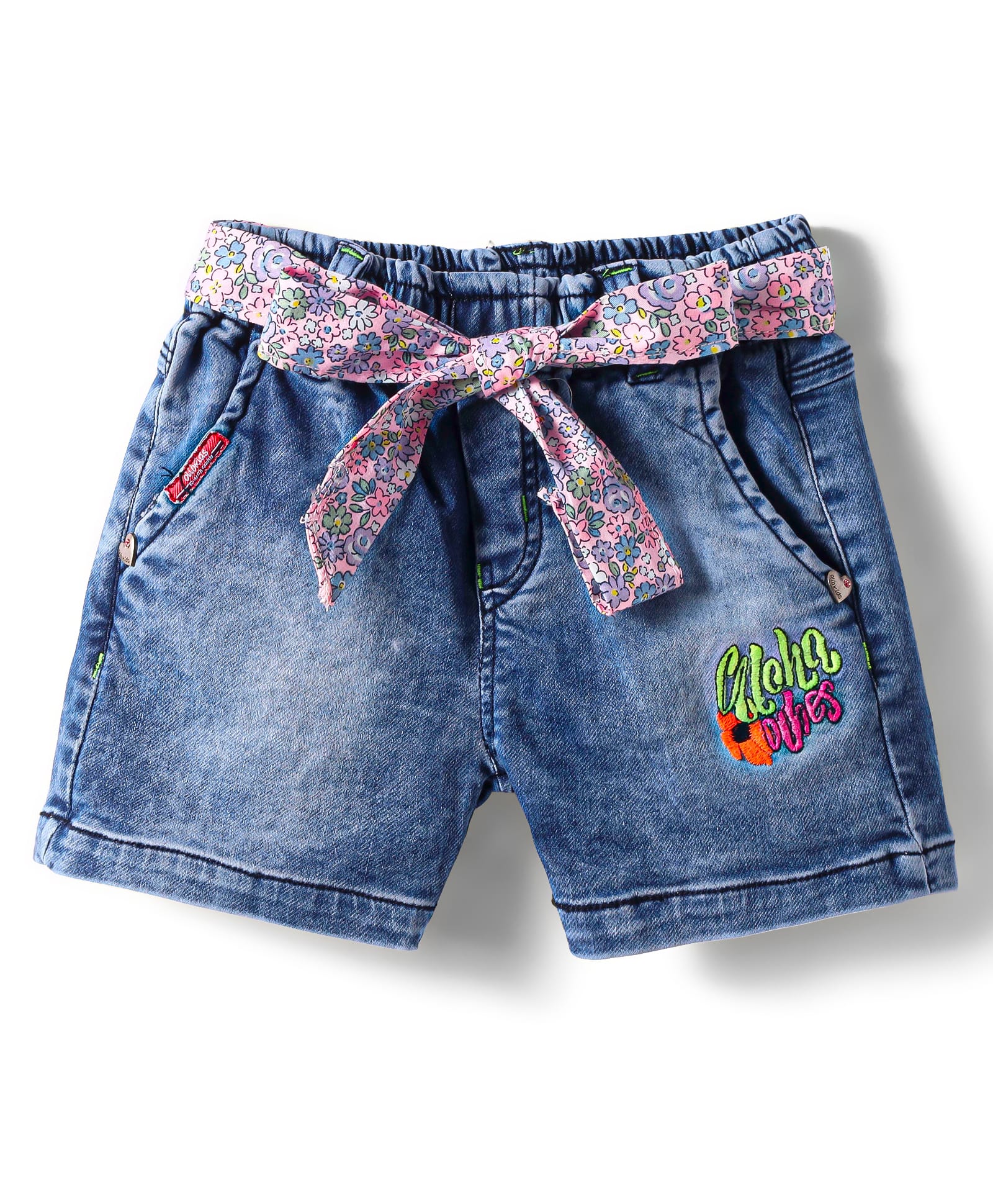 Olio Kids Above Knee Length Washed Denim Shorts with Fabric Belt & Text Embroidery - Blue-picture-2