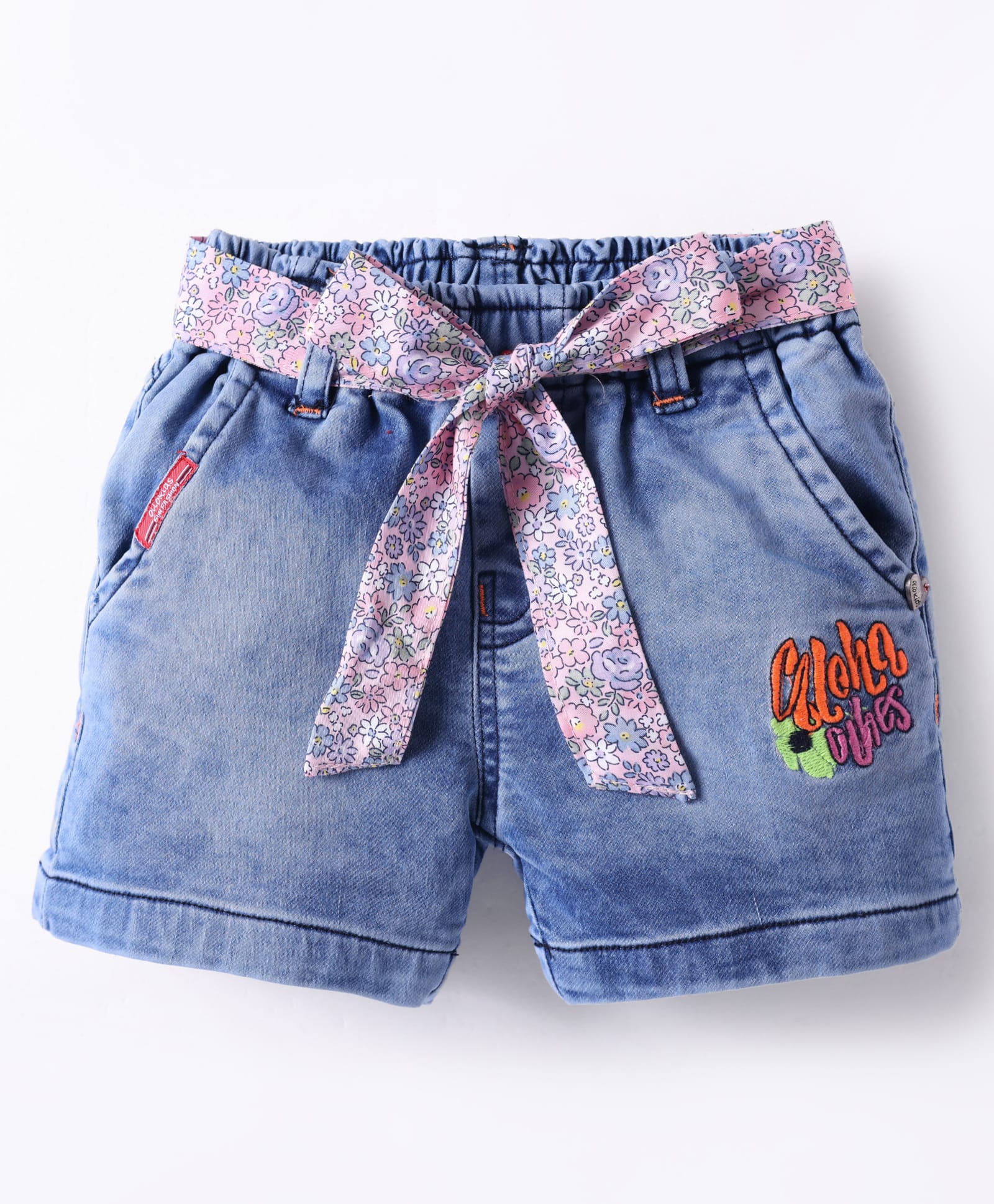 Olio Kids Above Knee Length Washed Denim Shorts with Fabric Belt & Text Embroidery - Light Blue-image-14