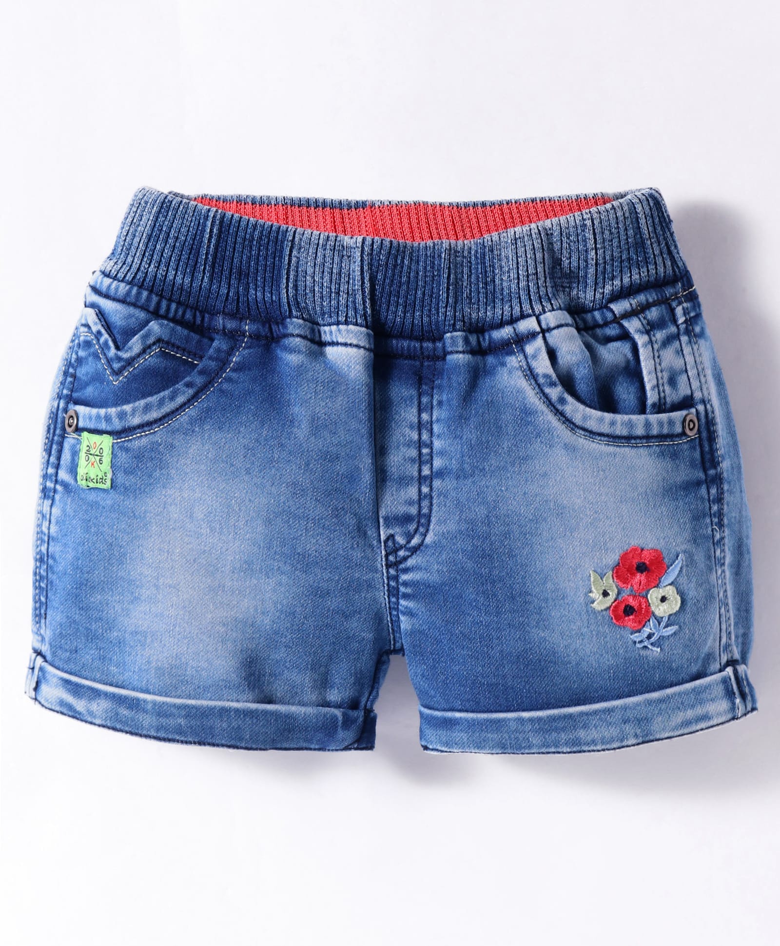 Olio Kids Knit Above Knee Length Denim Shorts with Floral Applique - Light Blue-picture-28
