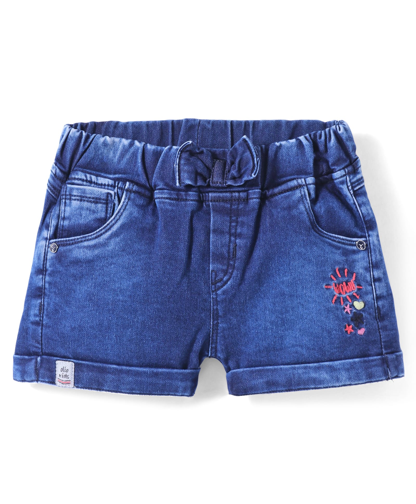 Olio Kids Above Knee Length Washed Denim Shorts with Bow Applique & Hears Embroidery - Blue-picture-49