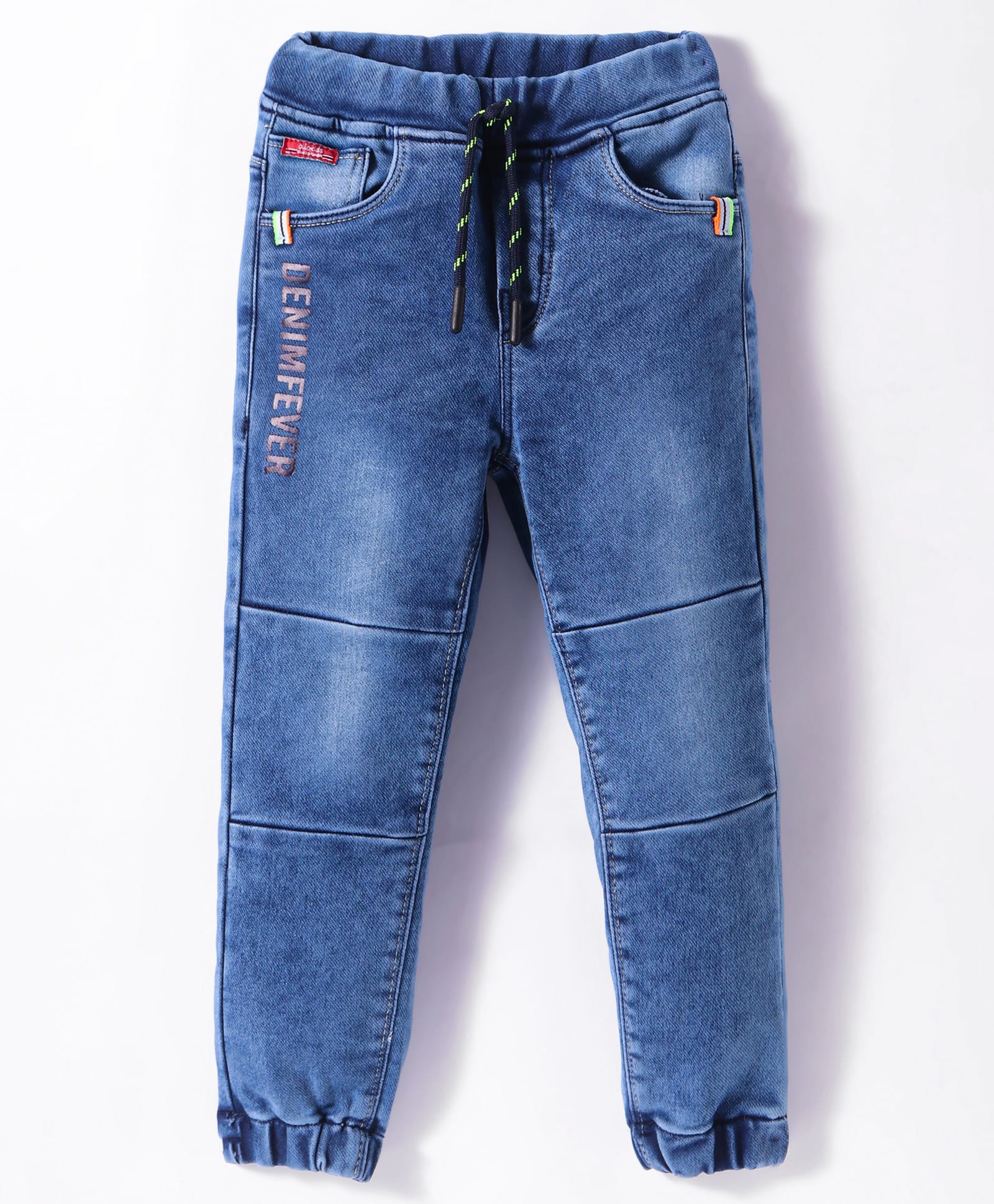 Olio Kids Full Length Cut & Sew Washed Denim Jeans Text Print - Light Blue-picture-13