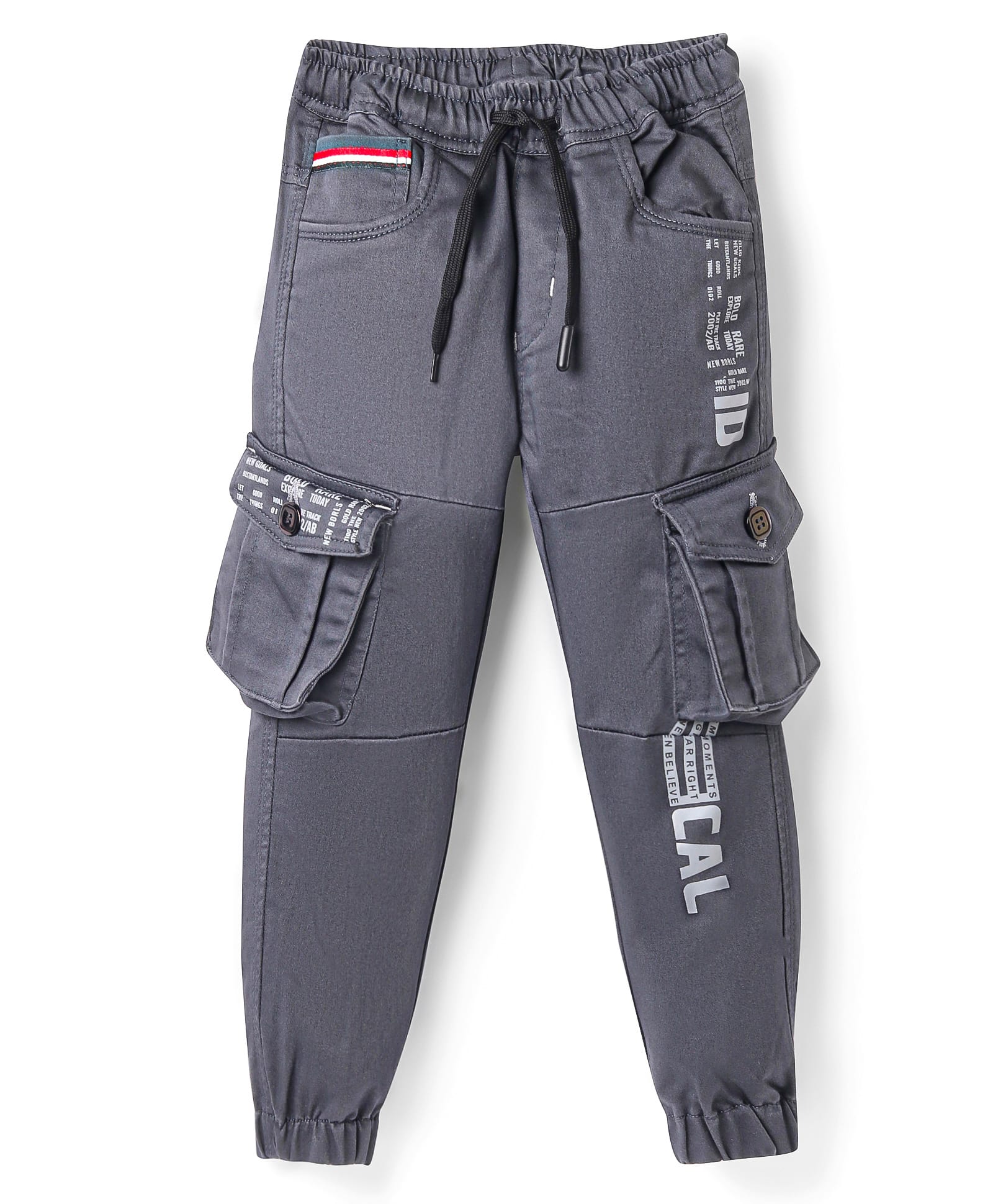 Olio Kids Cotton Woven Full Length Trousers with Cargo Pockets & Text Print - Grey-picture-11