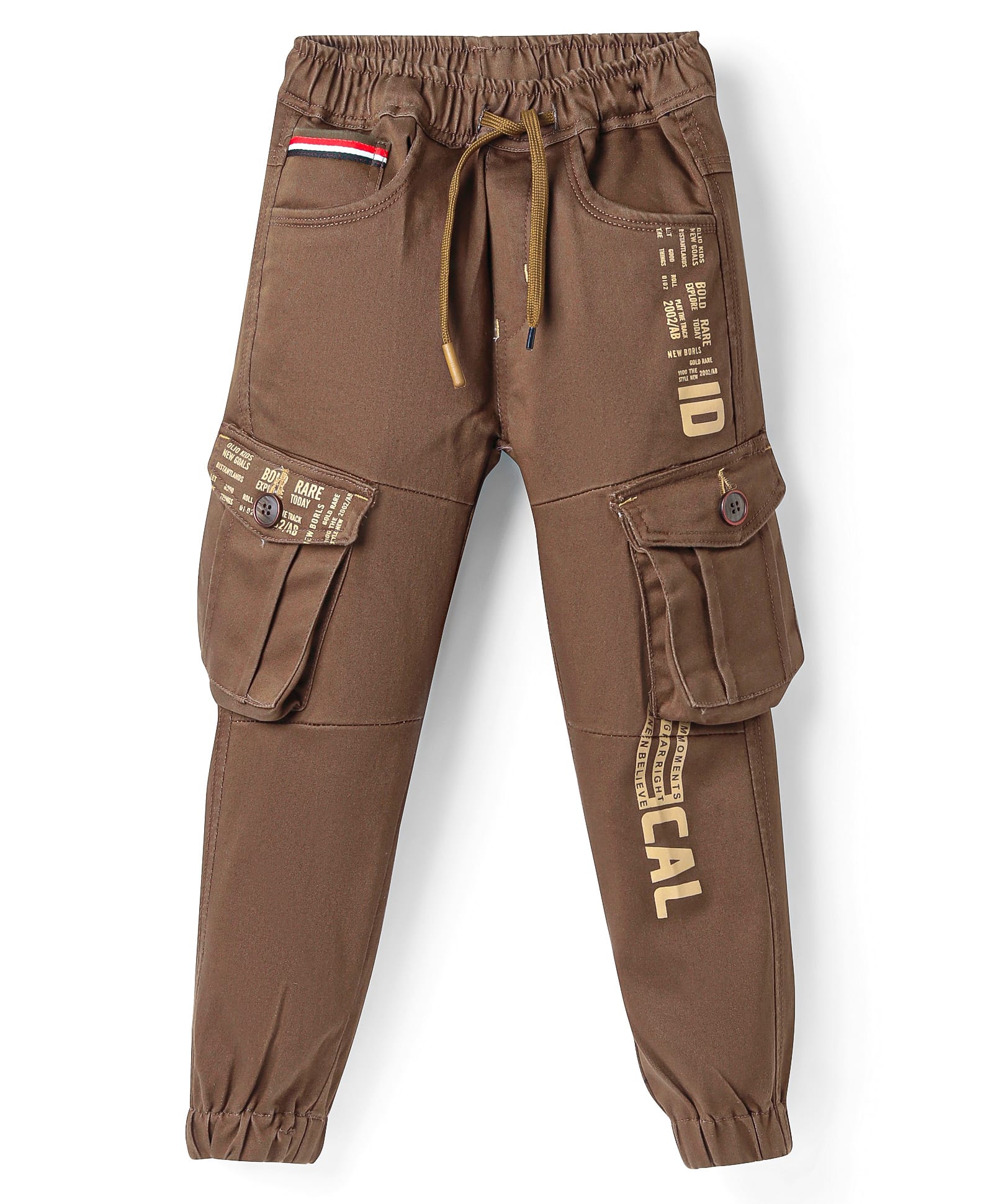 Olio Kids Cotton Woven Full Length Trousers with Cargo Pockets & Text Print - Brown-picture-18