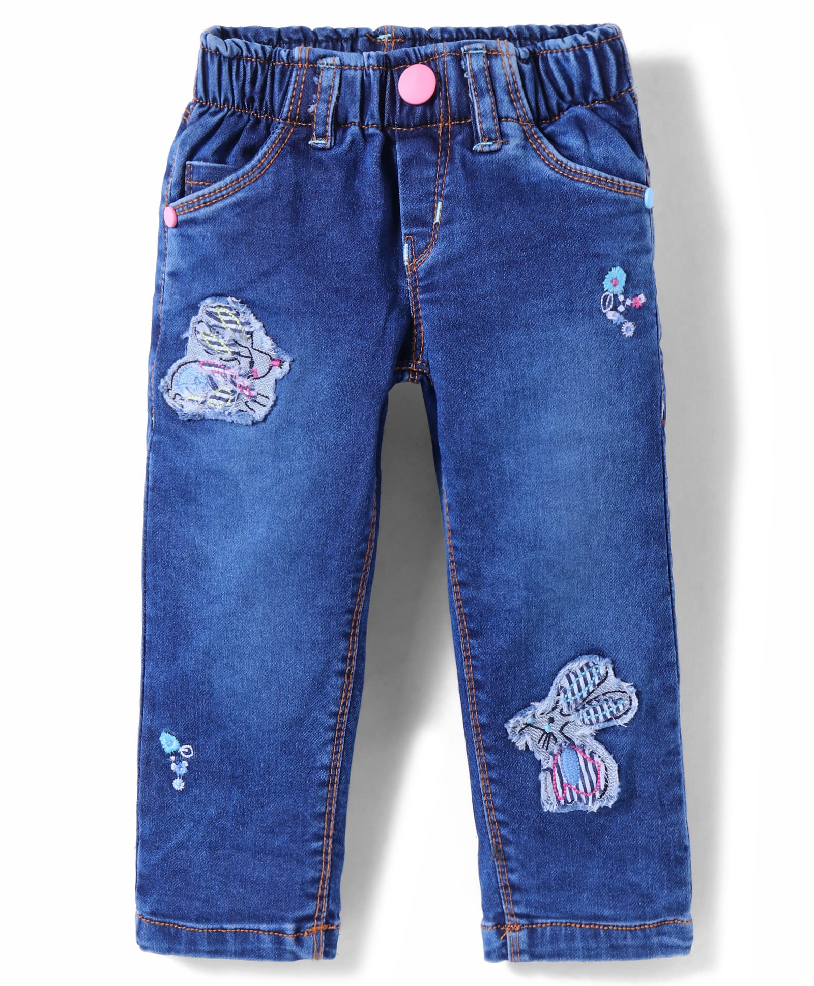 Olio Kids Full Length Washed Denim Jeans with Patch Detailing - Blue-picture-10