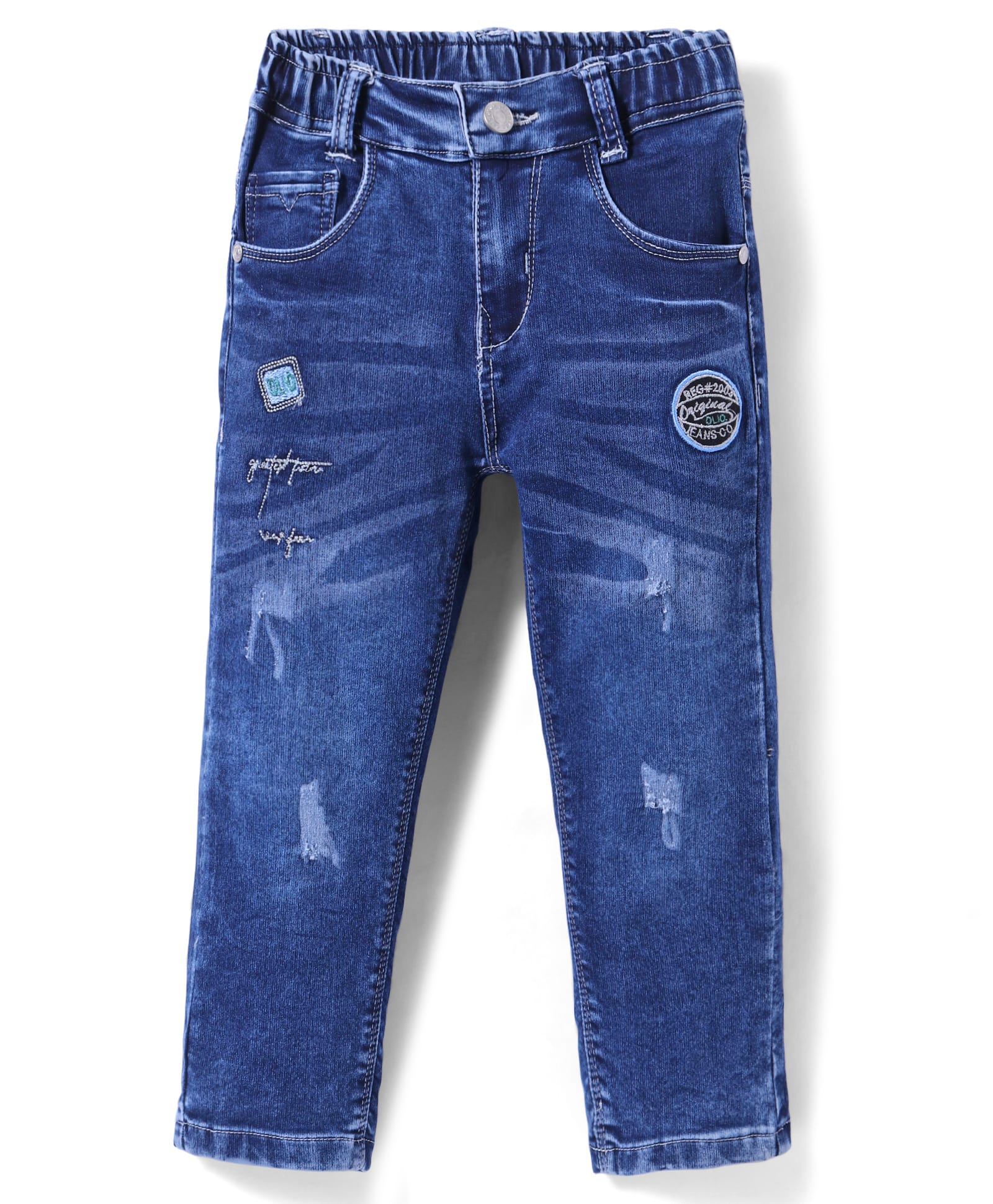 Olio Kids Full Length Washed Distressed Denim Jeans with Text Embroidery - Blue-picture-25