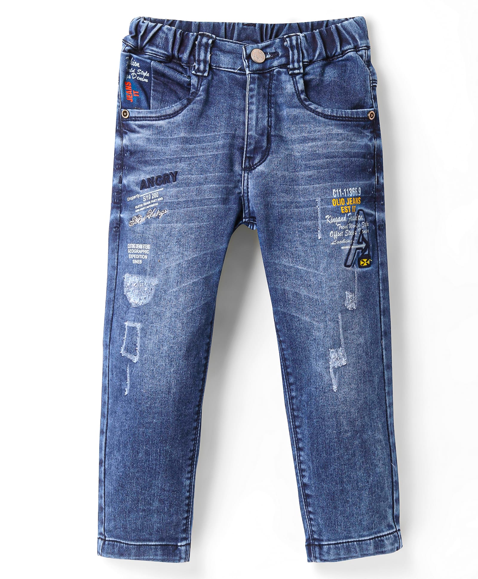 Olio Kids Full Length Distressed Denim Jeans with Text Print & Embroidery - Navy Blue-picture-21