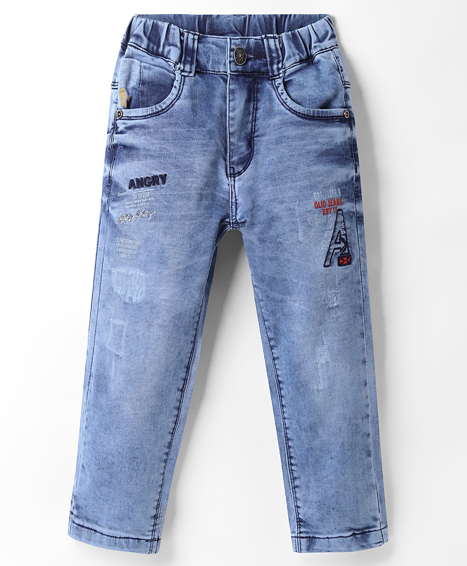 Olio Kids Full Length Distressed Denim Jeans with Text Print & Embroidery - Light Blue-picture-24