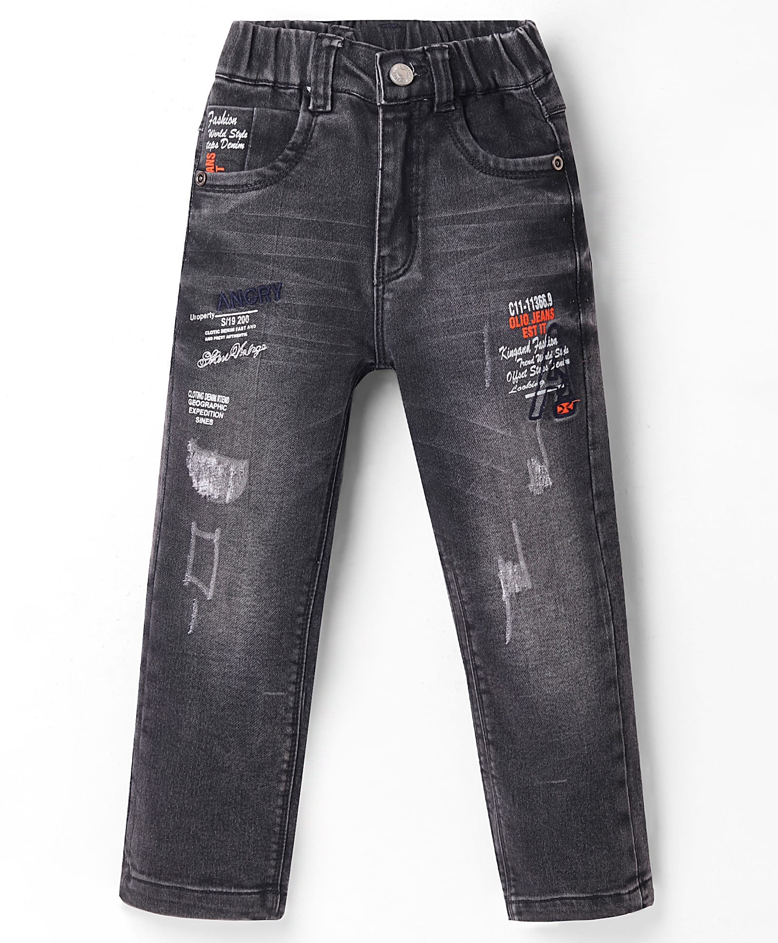 Olio Kids Full Length Distressed Denim Jeans with Text Print & Embroidery - Black-image-23