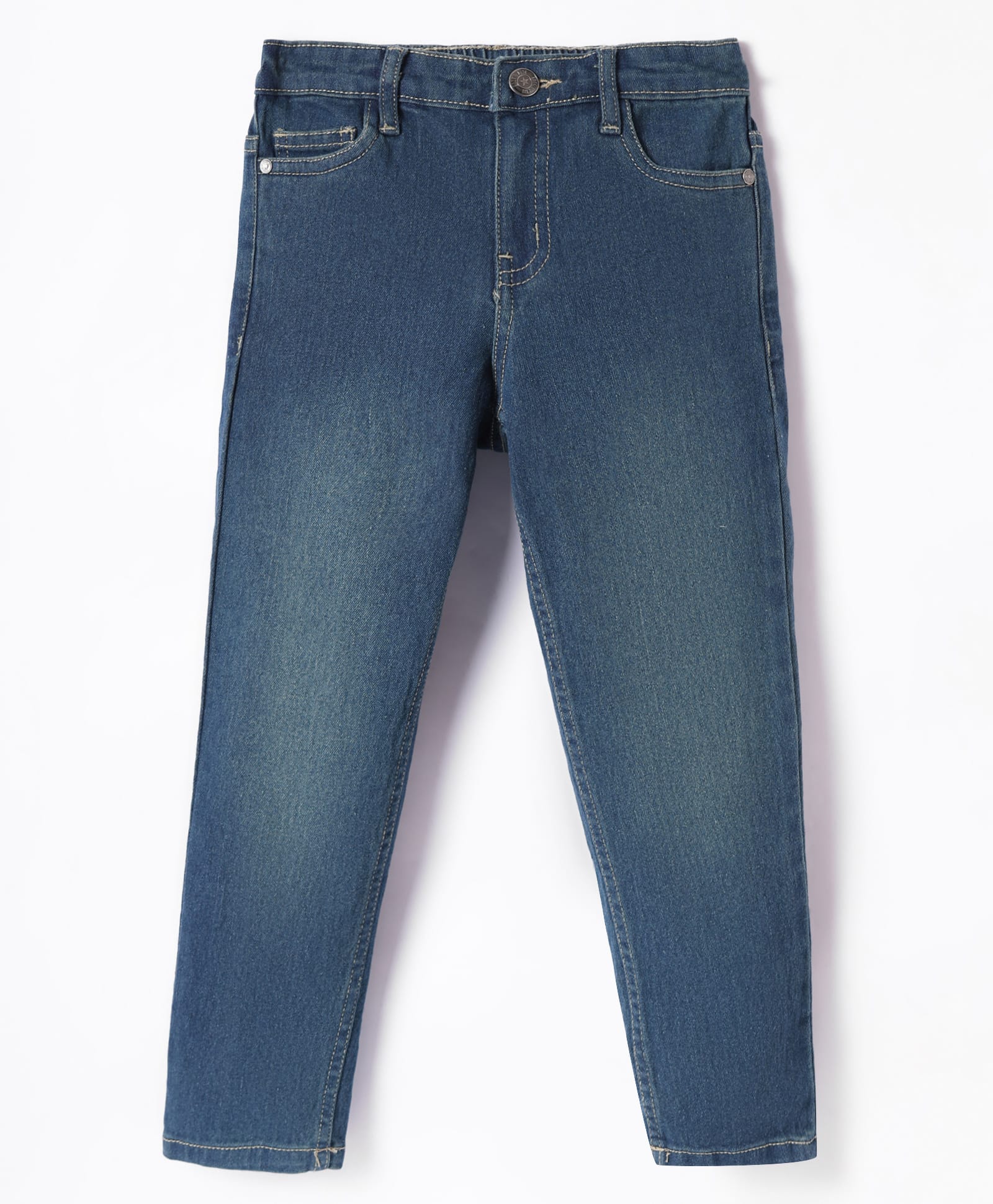 Kookie Kids Woven Full Length Solid Denim Jeans - Indigo