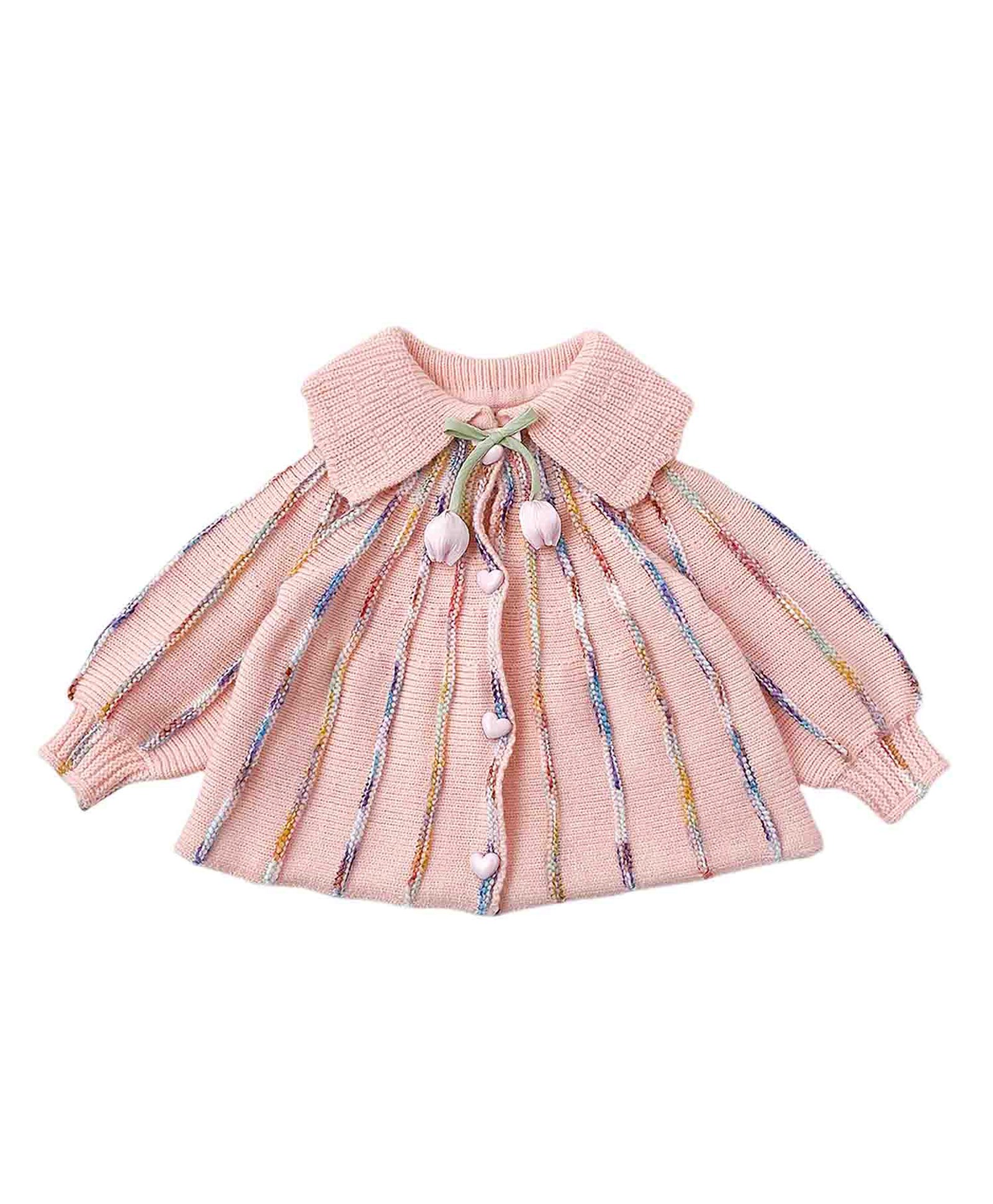 Little Surprise Box Cotton Knitted Full Puffed Sleeves Cable Knit Striped Cardigan With Hair Clip Set - Peach-picture-27