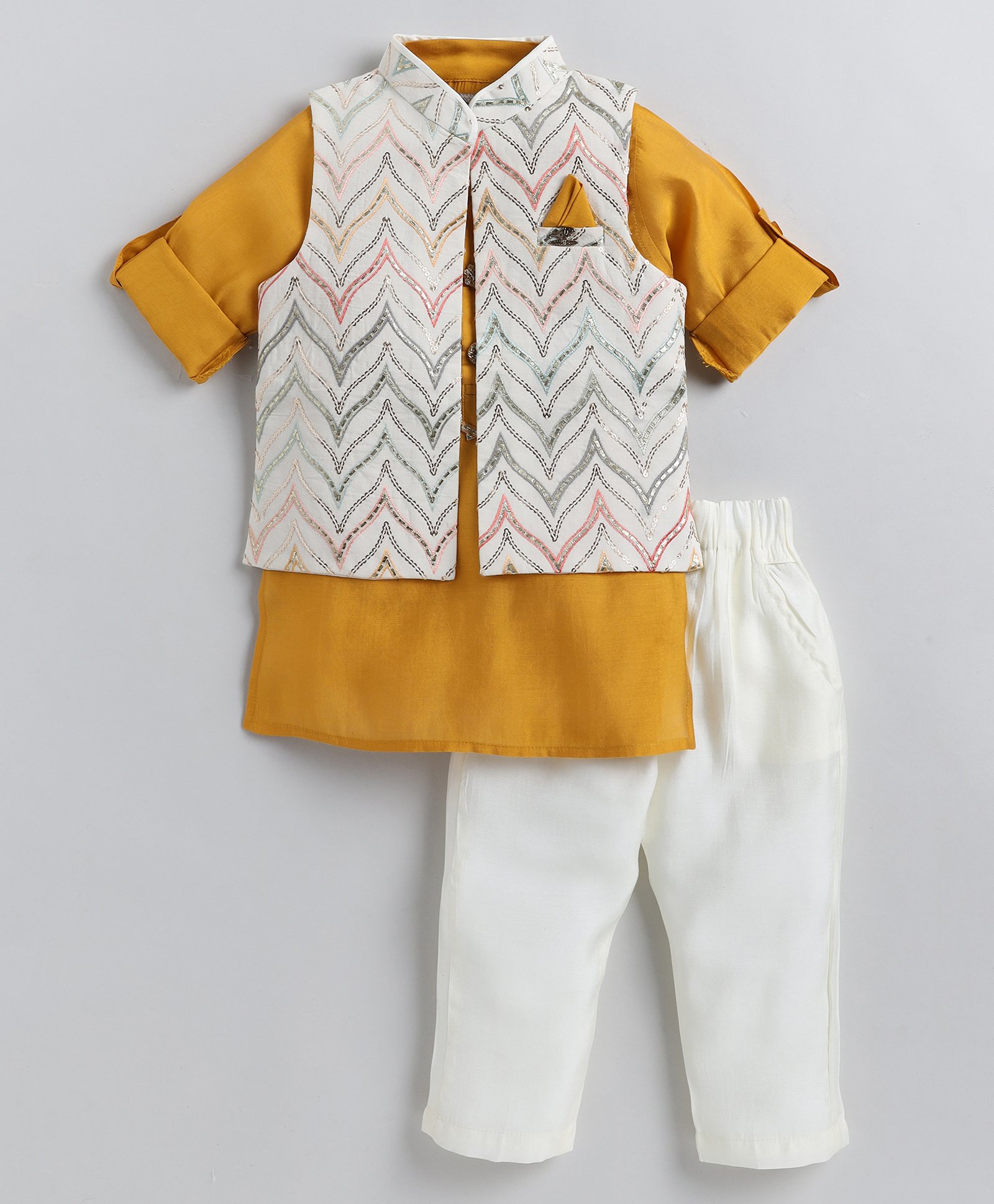 LITTLE COLLARS Full Sleeves Solid Kurta Pyjama With Sequin Embellished & Embroidered Jacket Set - Mustard-picture-22