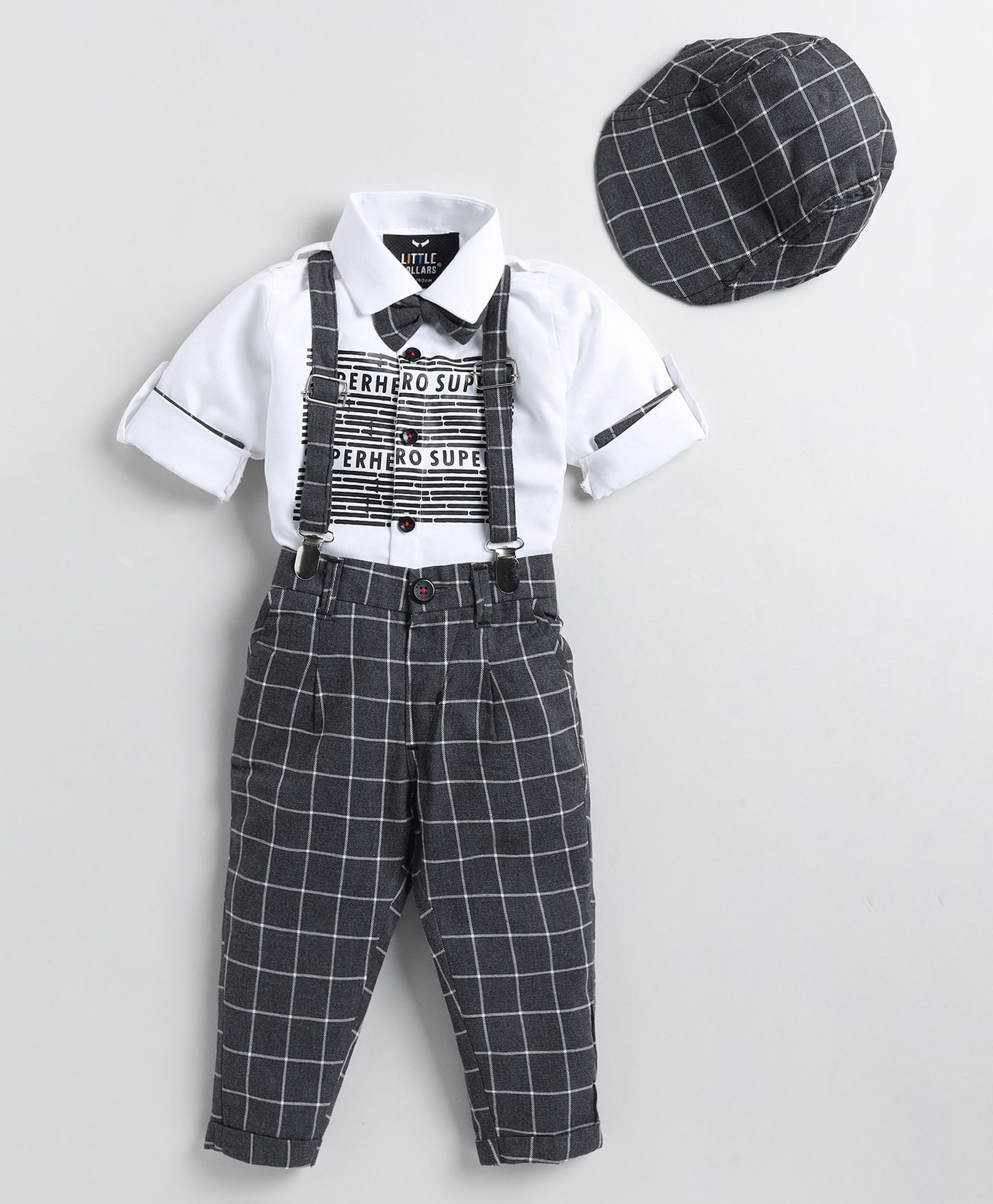 LITTLE COLLARS Cotton Full Sleeves Superhero Text Printed Shirt & Checked Pant With Suspender Bow & Cap Set - Black-picture-19